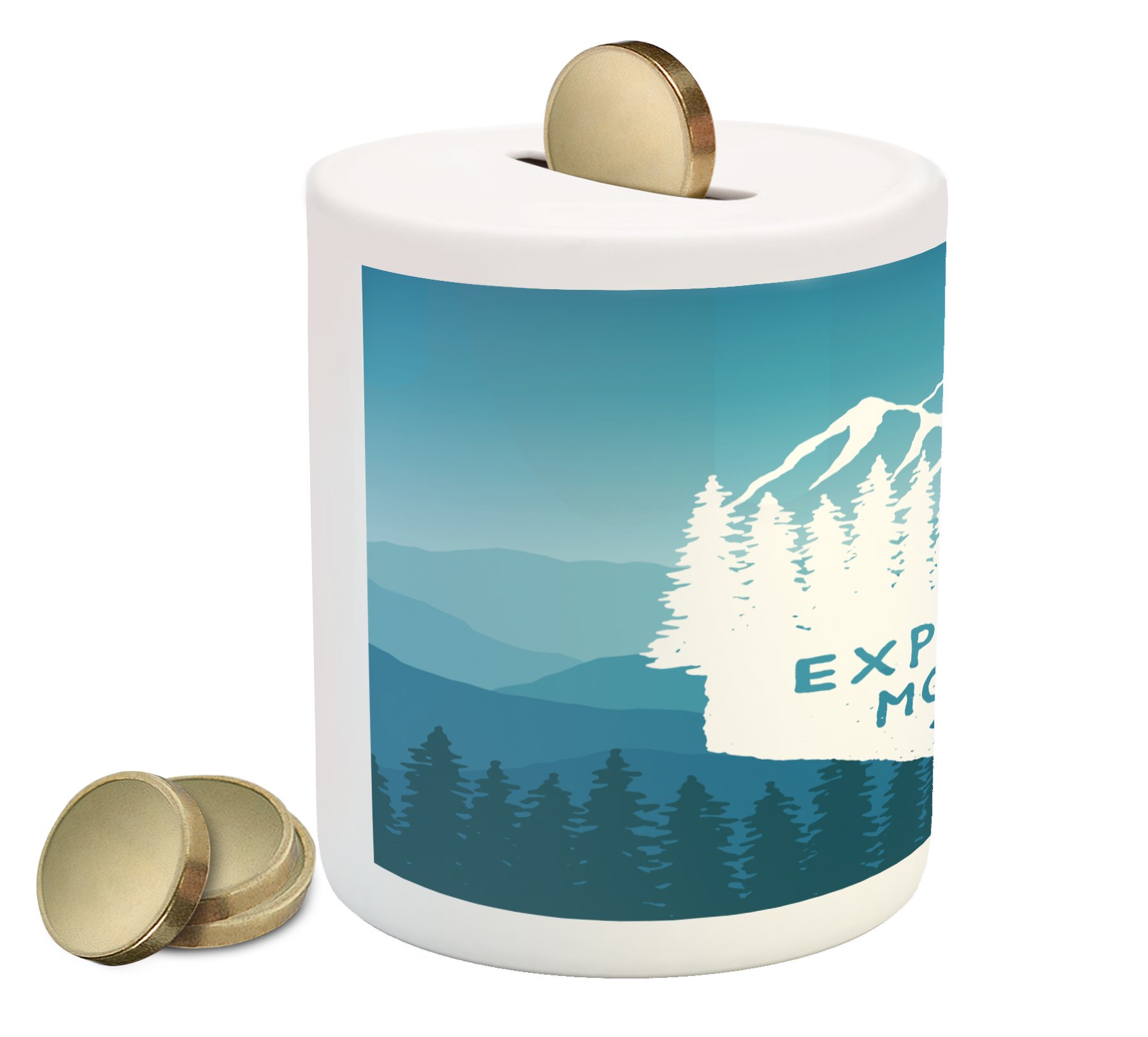 Vintage Ceramic Piggy Bank with Mountain Range & Pine Tree Design - Nature Adventure Themed Money Box for Cash Saving (Navy & White) | Perfect for Kids' Savings, Gifts, and Home Decor