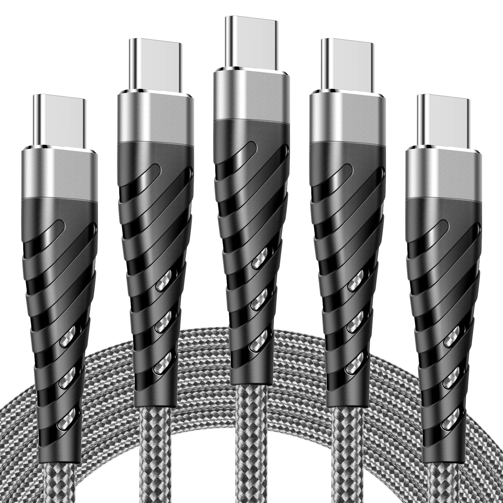 5-Pack 60W USB C to USB C Fast Charging Cables (6FT) - Compatible with iPhone 16/15 Pro/Plus/Max, Samsung Galaxy S24/S23/S22, iPad Pro & More - Gray | Perfect for Home, Office & Travel Charging