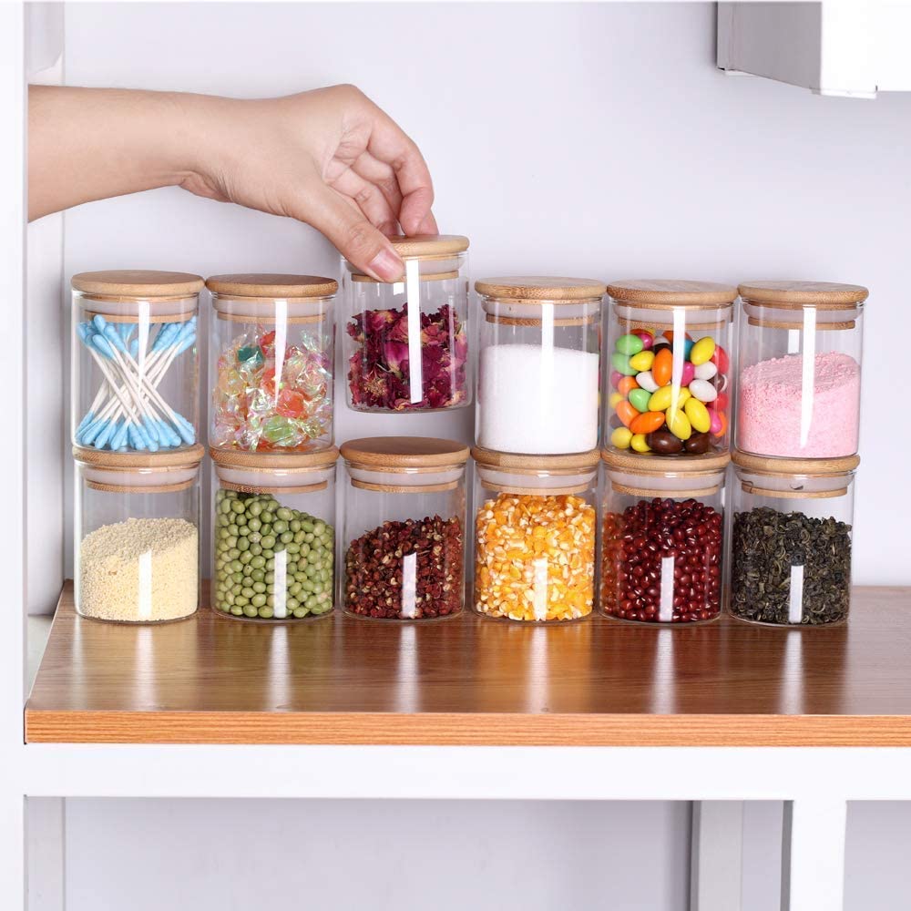 220ml Glass Jars with Bamboo Wooden Lids - 3-Piece Airtight Food Storage Containers Set for Spices, Coffee, Tea & Kitchen Organization (BPA-Free)