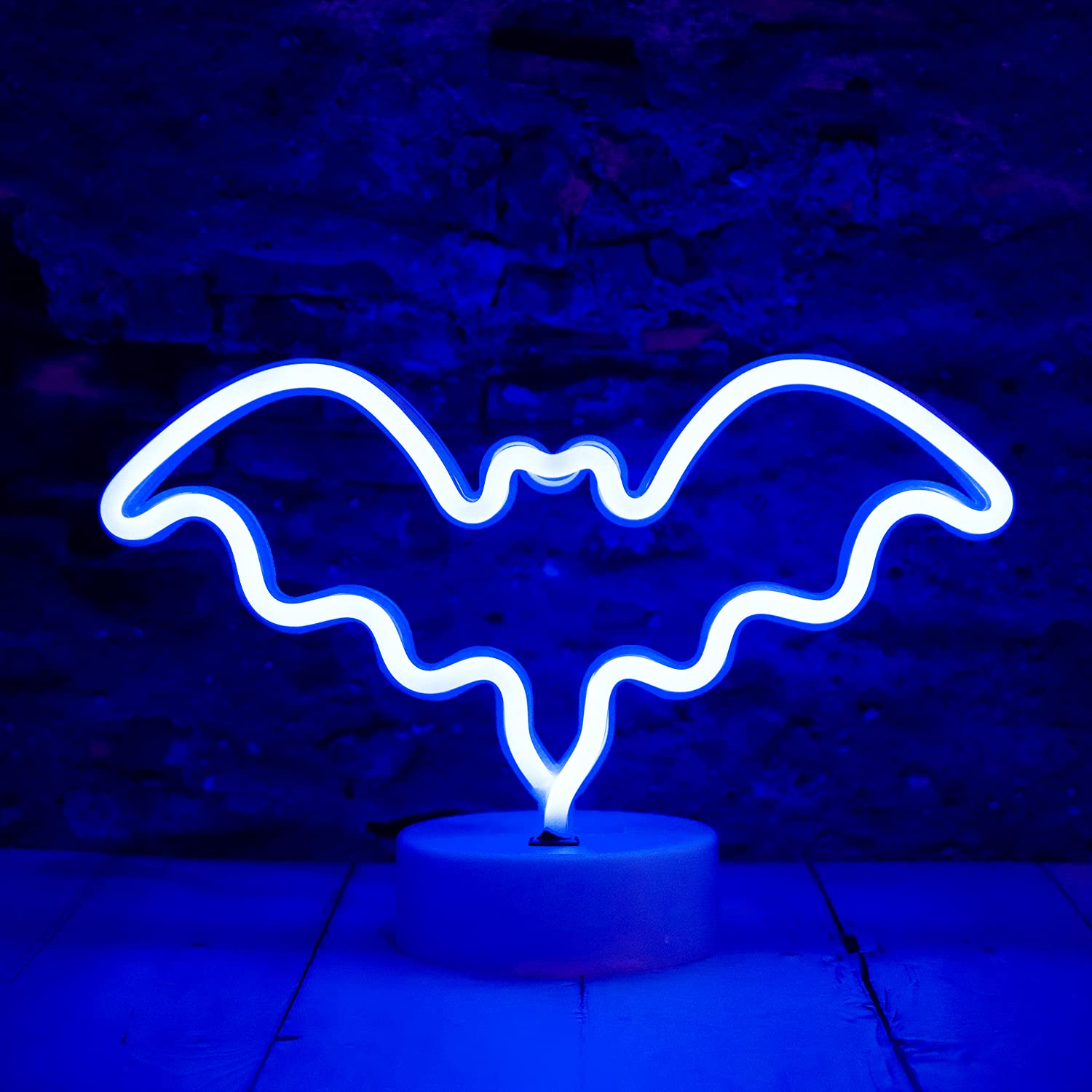 Blue LED Neon Bat Night Light - Battery Operated Halloween Decor with Holder Base for Bedroom, Bar, Wall | Perfect for Spooky Atmosphere, Goth Room Decor & Halloween Party Lighting