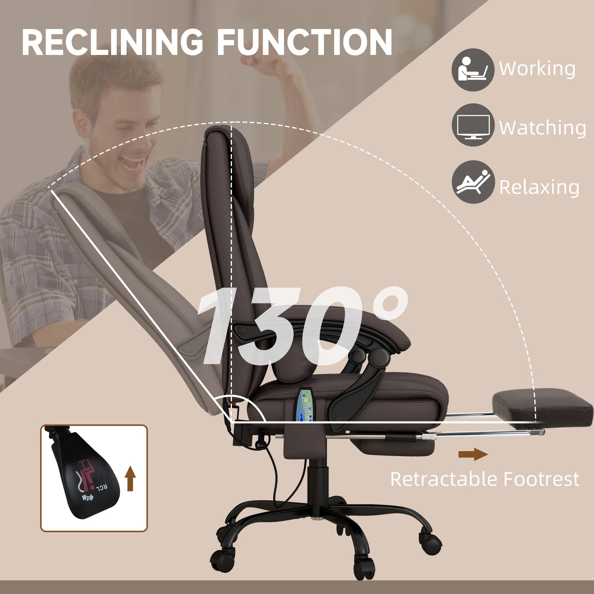 6-Point Vibration Massage Faux Leather Office Chair - Brown Ergonomic Executive Chair for Home & Office Use - Perfect for Long Work Hours & Back Pain Relief