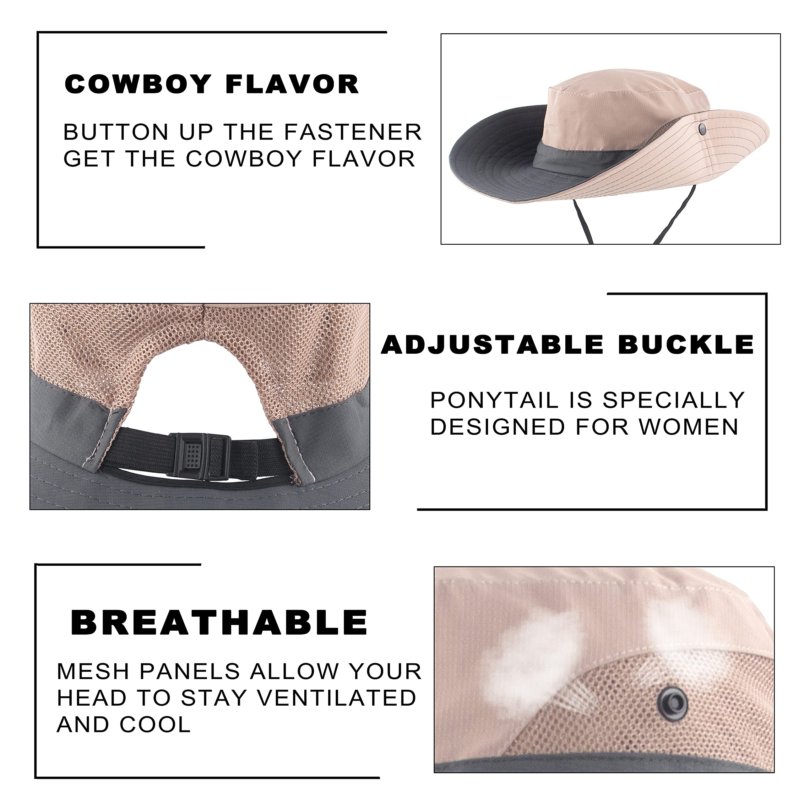 Women's Wide Brim Sun Hat UV Protection - Breathable Mesh Summer Beach Hat with Ponytail Hole, Foldable for Outdoor Activities, Fishing, Gardening & Travel Accessories
