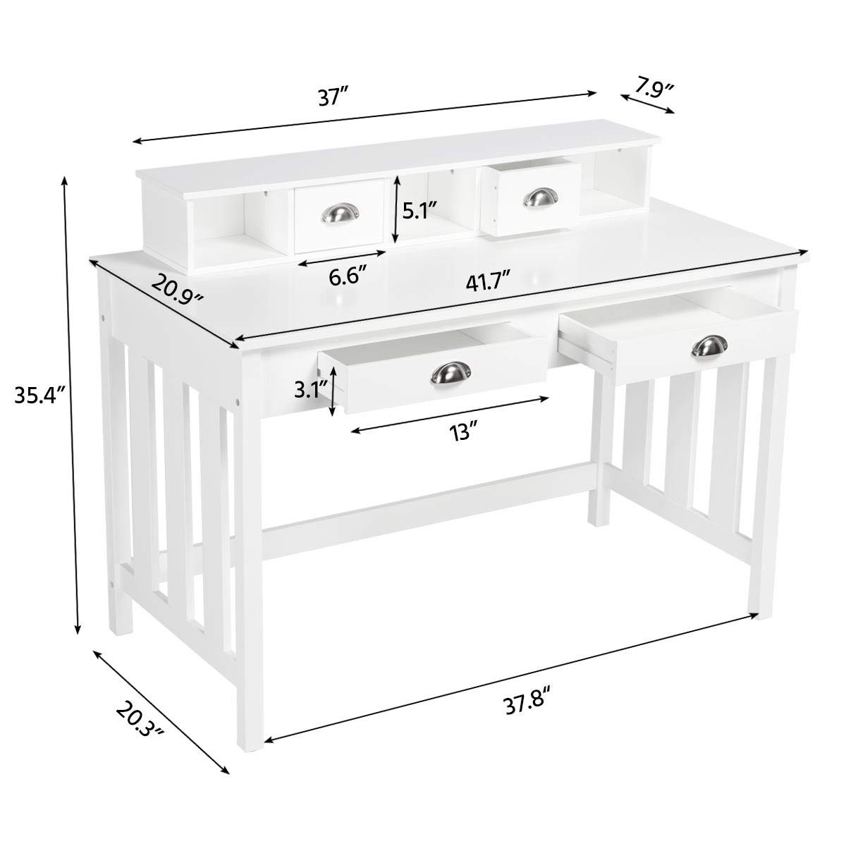 Yaheetech White Writing Computer Desk with Removable Floating Organizer & 4 Drawers - 2 Tier Hutch Workstation for Home Office, Study, Gaming & Workspace Organization