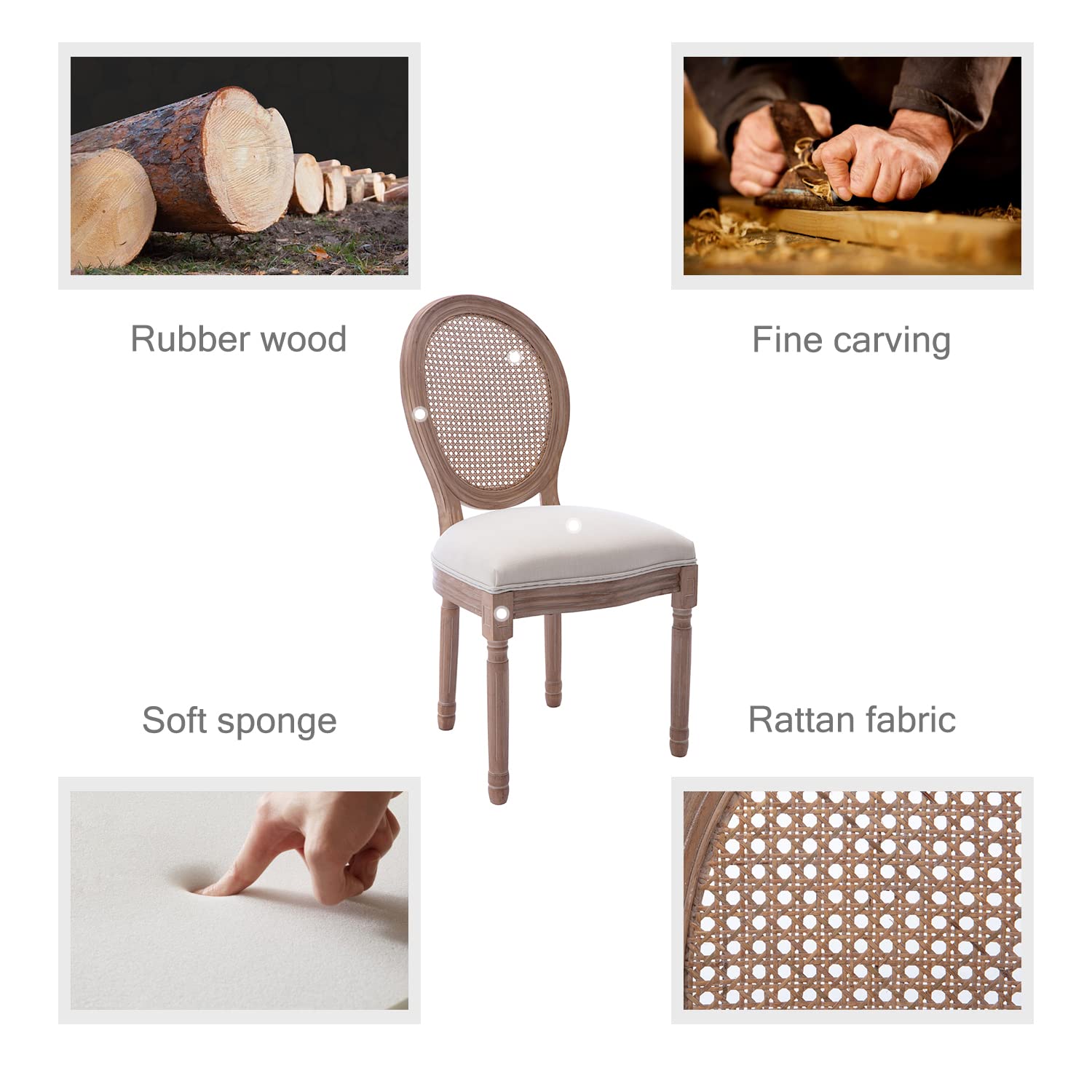 Kiztir French Country Dining Chairs Set of 4 - Farmhouse Style Upholstered Rattan Chairs with Round Backrest & Solid Wood Legs for Dining Room, Kitchen, Bedroom, Restaurant - Perfect for Farmhouse Decor, Casual Dining, and Entertaining Guests