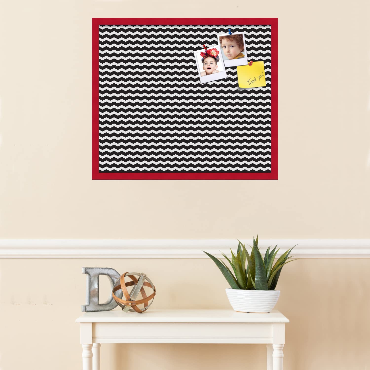 PinPix 28x24 Inch Cork Bulletin Board - Black & White Chevron Design with Red Beech Frame - Wall Mount Message Board for Home Office, Dorm Room, Classroom Organization & Decorative Display
