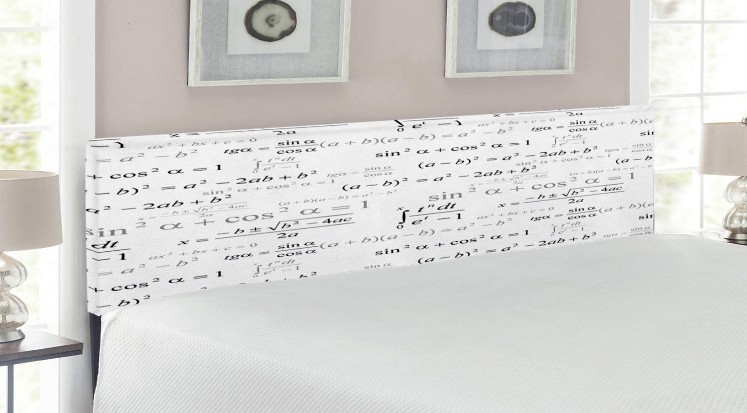 Lunarable Science Headboard - Math Geometry Formulas Chalkboard Design, Upholstered Metal Bed Headboard with Memory Foam, King Size, White & Black - Perfect for Science-Themed Bedrooms, Dorm Rooms & Geek Chic Home Decor