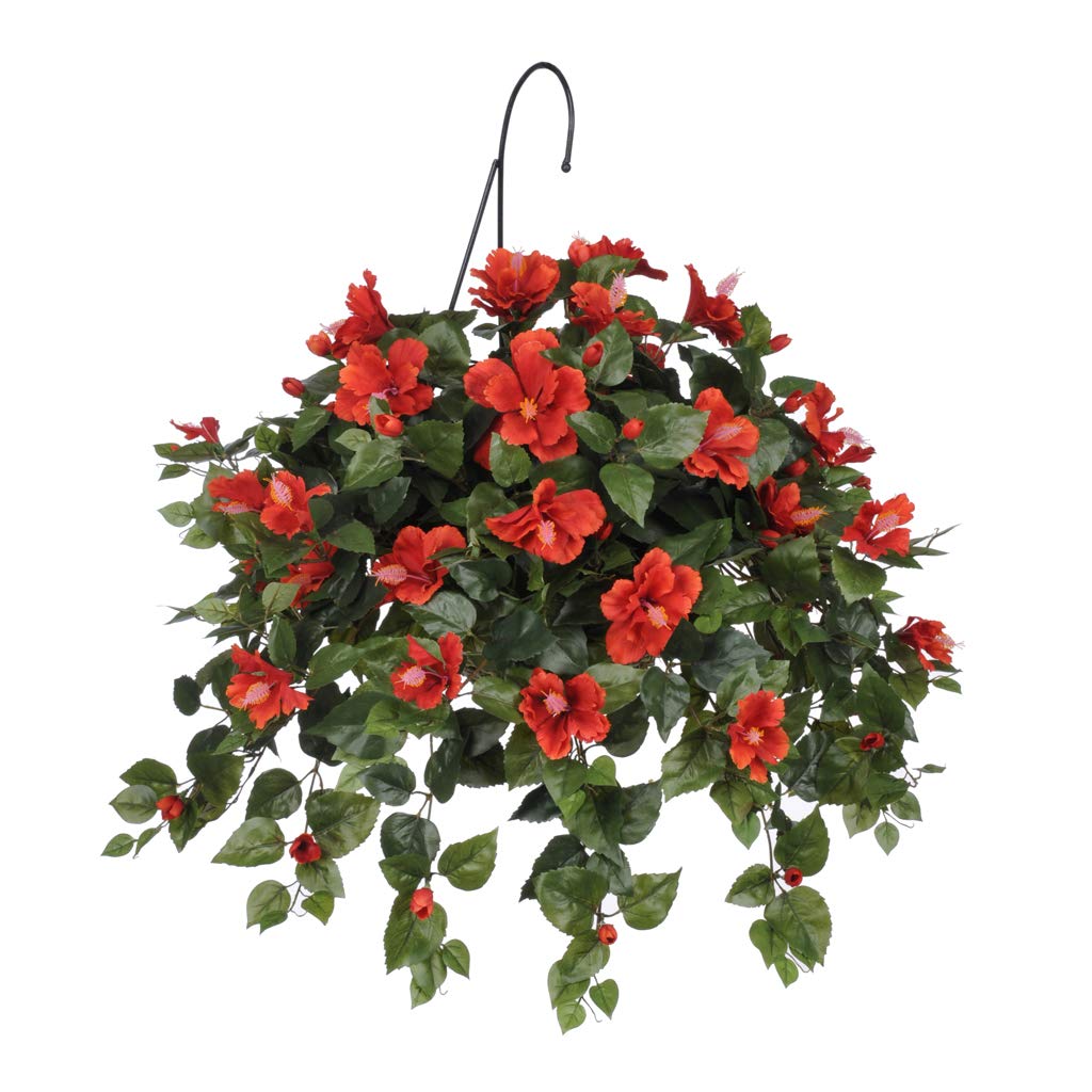 House of Silk Flowers Artificial Red Hibiscus in Natural Water Hyacinth Hanging Basket - Perfect for Patio, Garden, and Indoor Decor