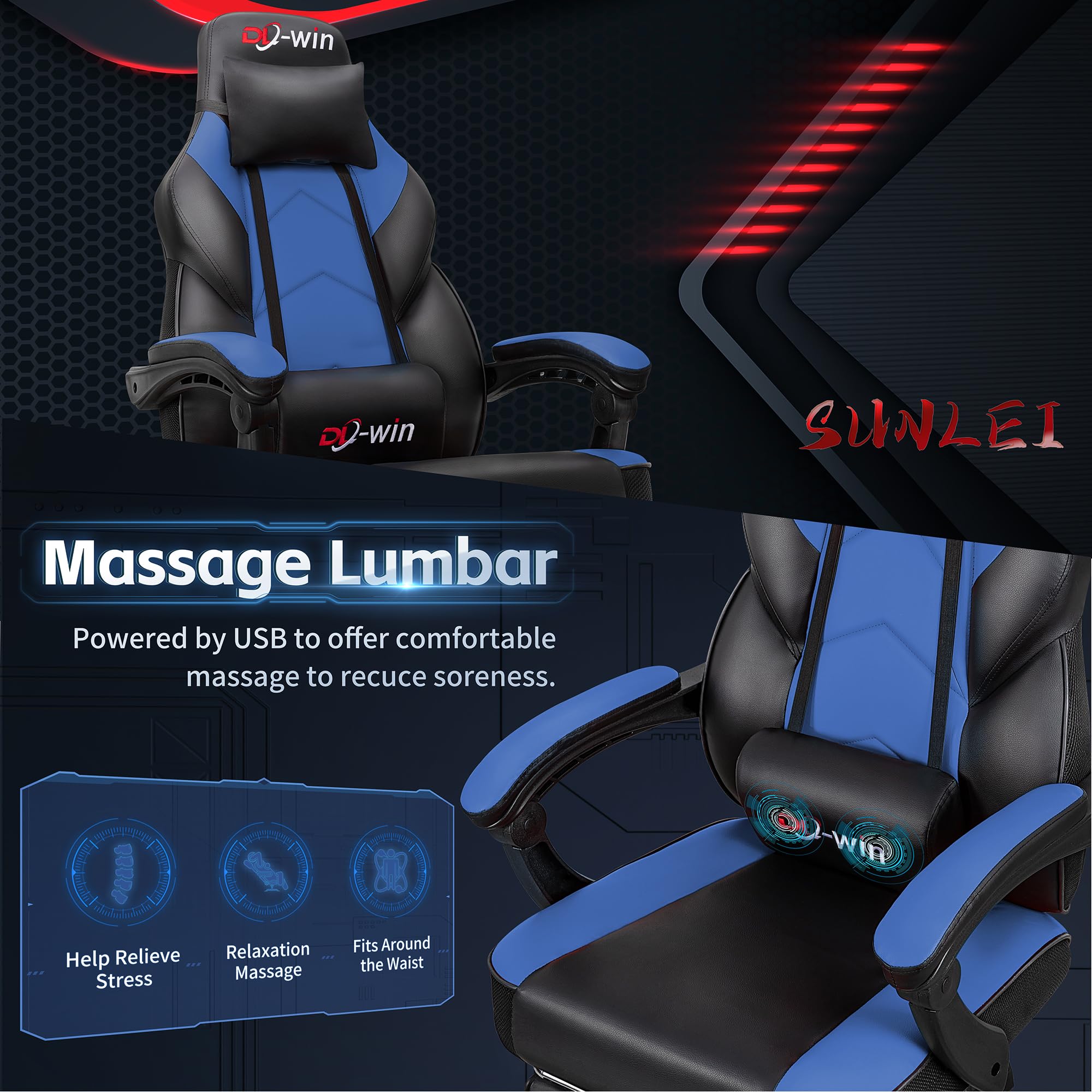 Ergonomic Gaming Chair for Adults - High Back Computer Chair with Footrest, Lumbar Massage & 360° Swivel - Adjustable Height Big & Tall Gamer Chair (Blue) - Perfect for Esports, Streaming & Home Office Setup