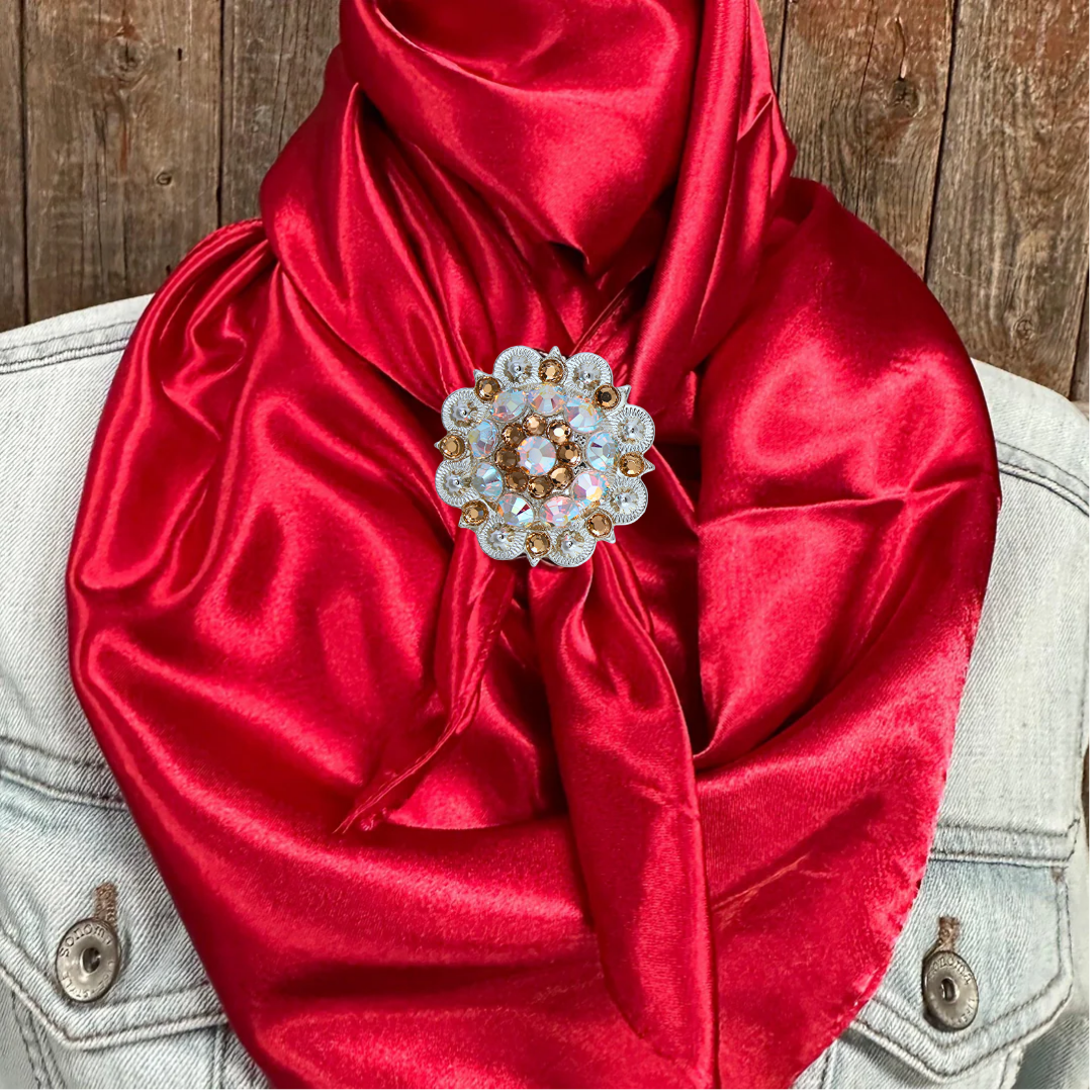 35X35 Solid Electric Red Wild Rag Scarf with Crystal Concho Slides - Western Cowboy Bandana for Men & Women - Perfect for Rodeo, Horse Riding, and Outdoor Adventures