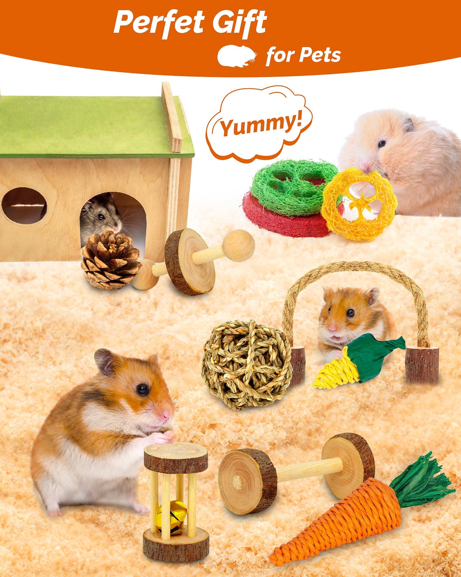 18 Pcs Natural Apple Wood Small Animal Chew Toys for Hamsters, Guinea Pigs, Rabbits, Chinchillas, Gerbils & Rats - Teeth Molar Exercise Accessories for Cage Enrichment & Dental Health