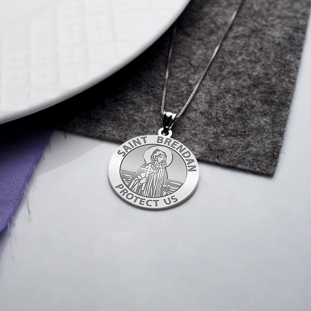 Saint Brendan Religious Medal - Sterling Silver & 10K/14K Gold Round Pendant Necklace for Men & Women | Christian Jewelry, Protection Charm, Baptism & Confirmation Gift | Faith-Based Accessories for Daily Wear & Special Occasions