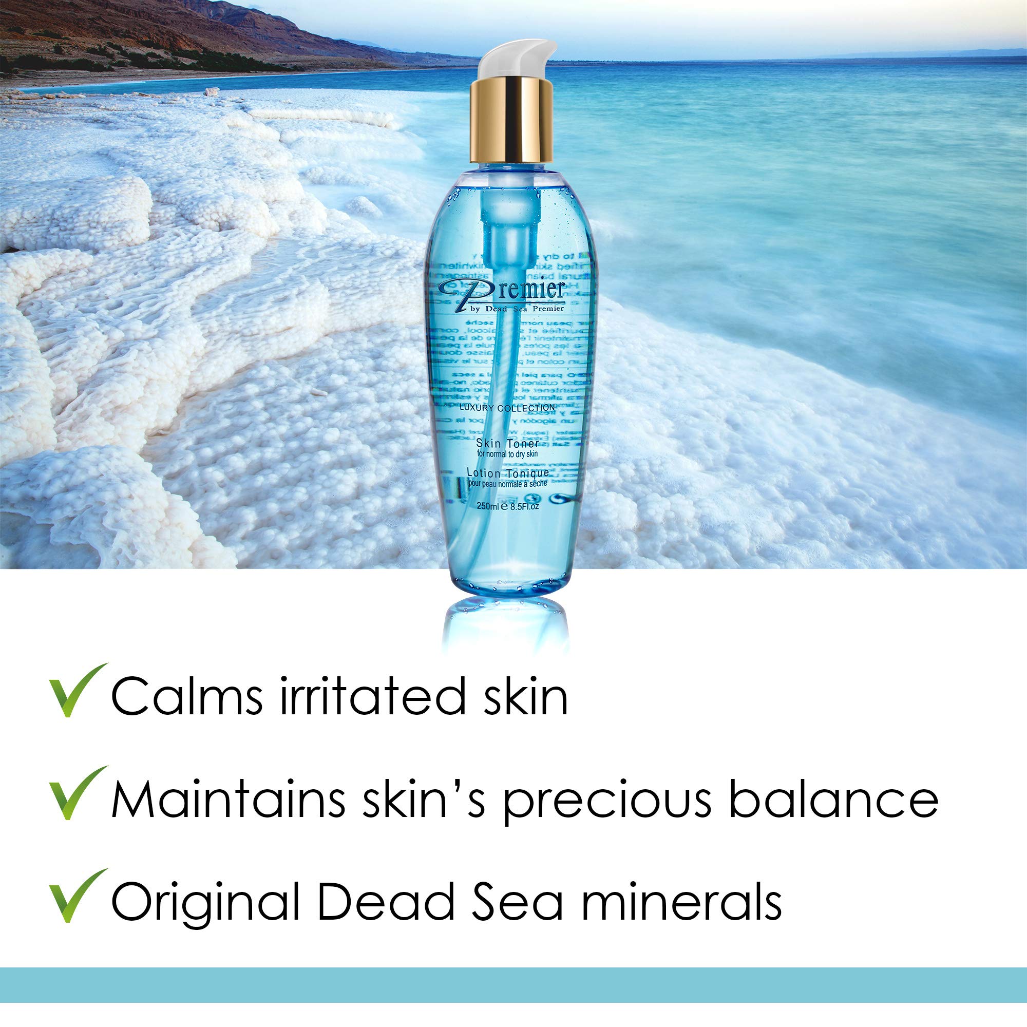 Premier Dead Sea Skin Toner for Normal to Dry Skin | pH 5.5 Balancing Alcohol-Free Facial Toner | Natural Ingredients with Witch Hazel & Minerals | 8.5 fl.oz | Hydrating & Soothing for Daily Skincare Routine