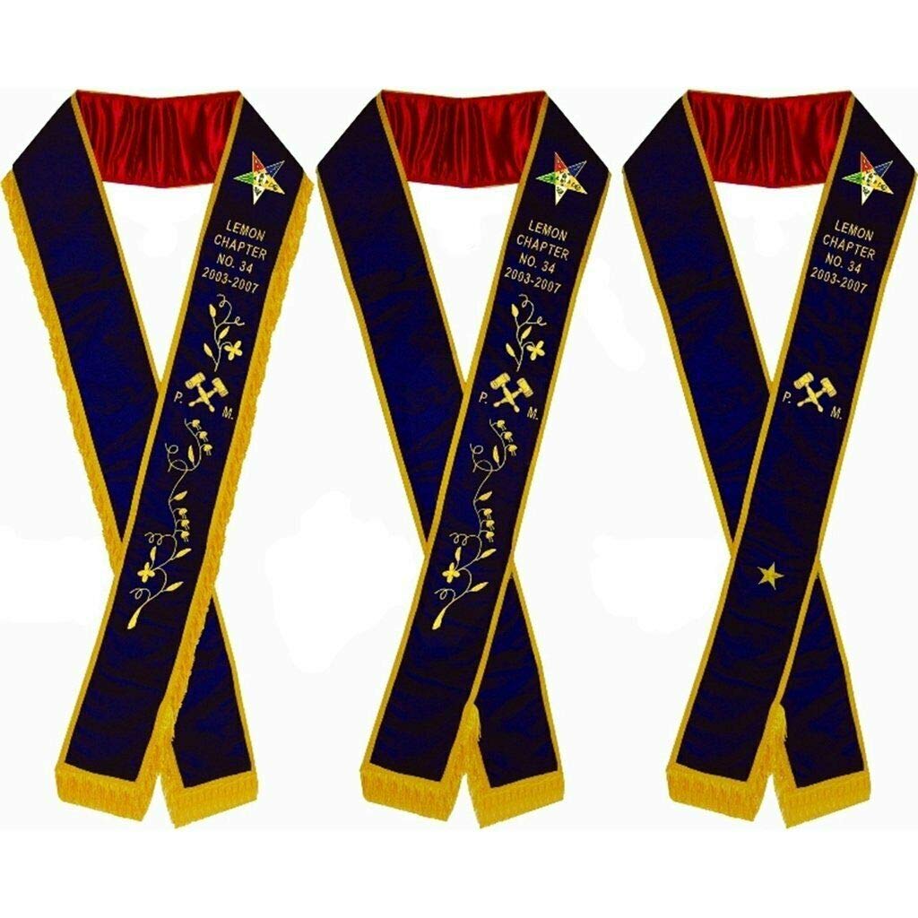 Freemason Past Matron PM OES Lemon Chapter Purple Velvet Sash Set - 3 Hand-Embroidered Styles for Eastern Star Ceremonies & Masonic Events