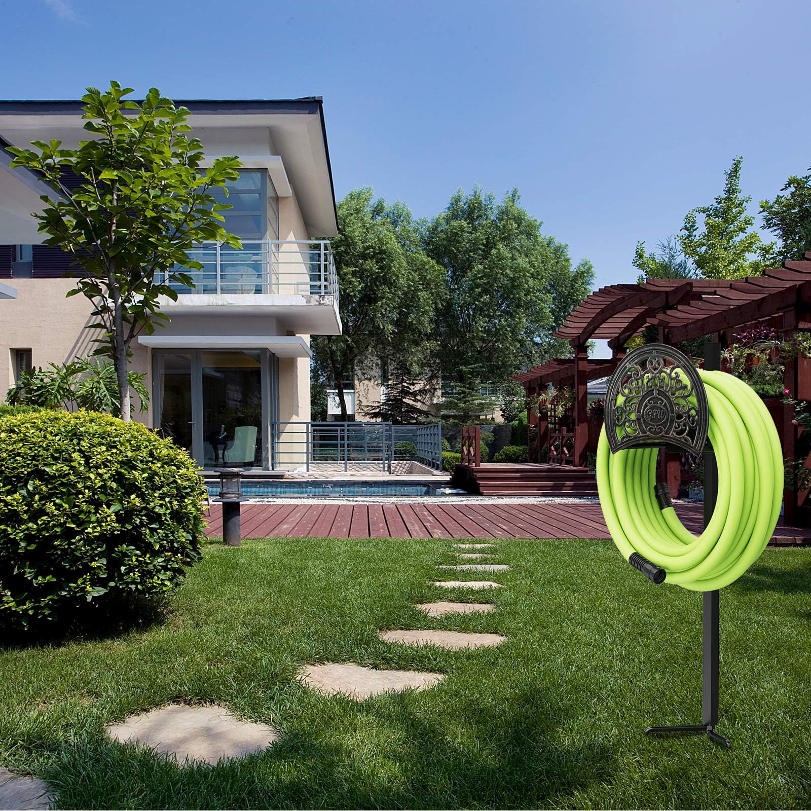 GOFORWILD Decorative Sturdy Garden Hose Holder - Wall Mounted Hose Rack & Hanger for 125-Feet 5/8-Inch Hose - Durable Stainless Cast Aluminum Hose Reel (7009) - Perfect for Yard, Lawn & Outdoor Watering