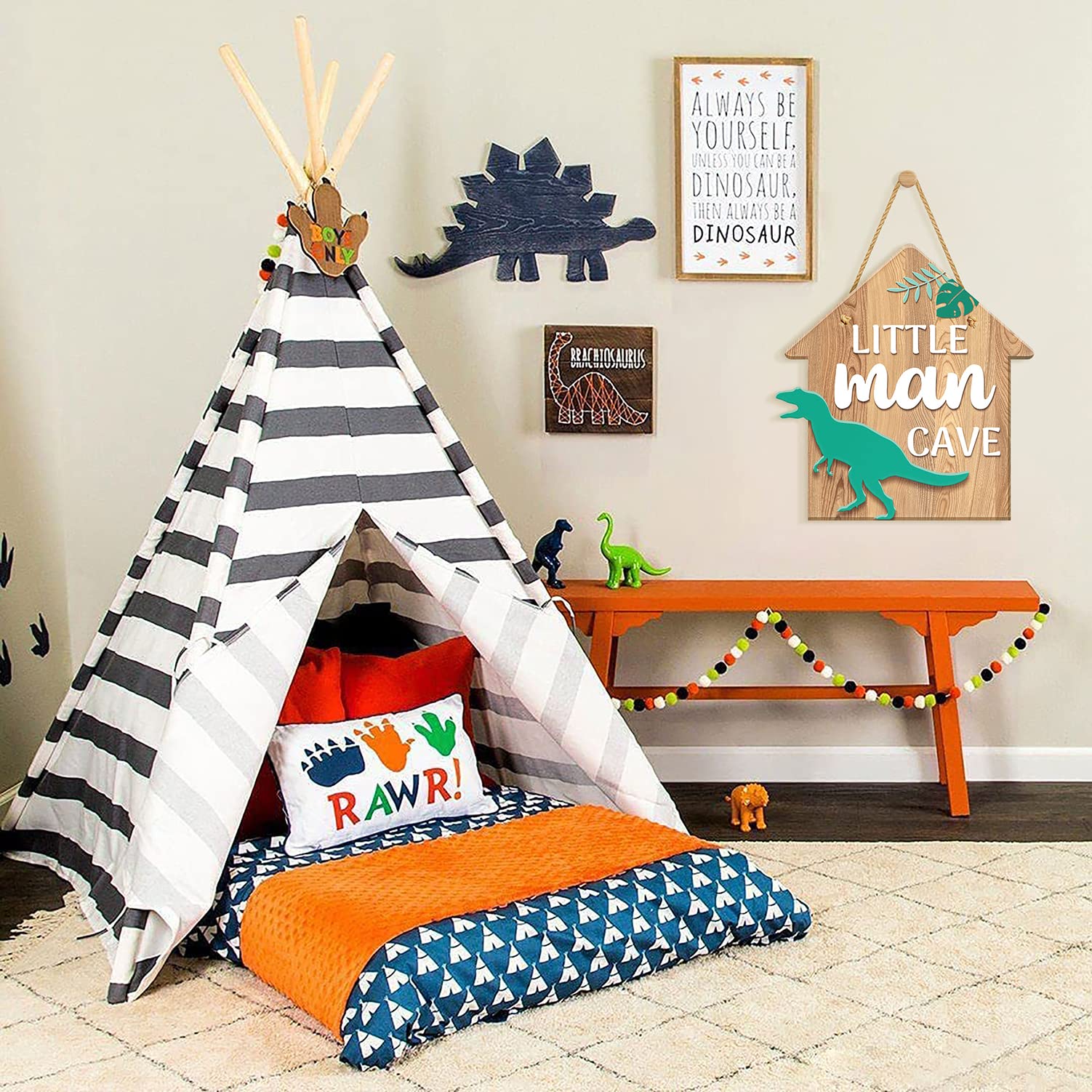 Dinosaur Room Decor for Boys - Hanging PVC Plastic Sign for Bedroom, Playroom & Nursery - Little Man Cave Theme - 11.8x11 Inch Kids Wall Art - Perfect for Birthday Gifts & Boys' Room Decoration