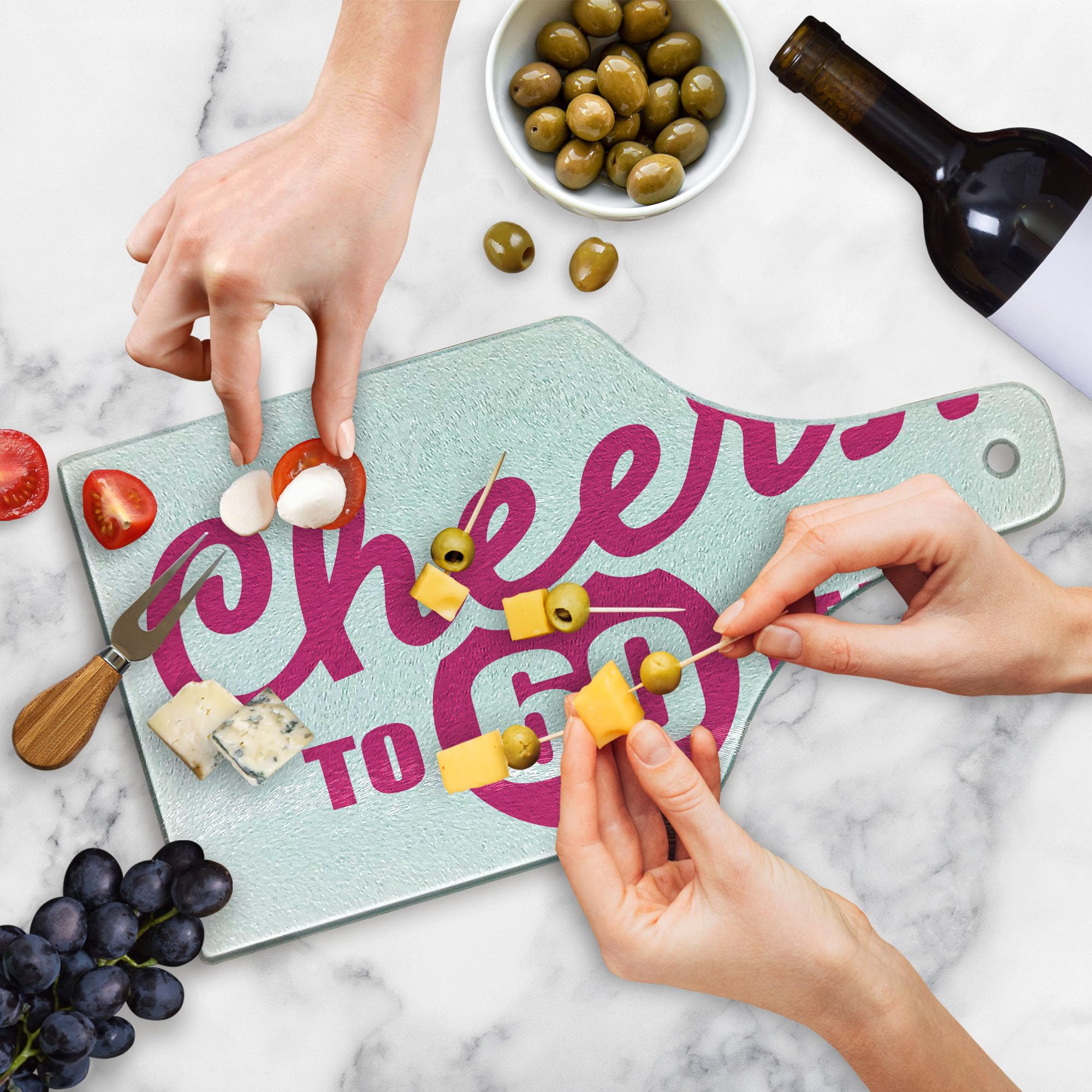 Ambesonne 60th Birthday Wine Bottle Shaped Cutting Board - Happy Cheerful Words Print, Tempered Glass Serving Tray for Party Decorations - Perfect for Anniversary Celebrations, Wine Tastings & Kitchen Decor (Hot Pink & White)