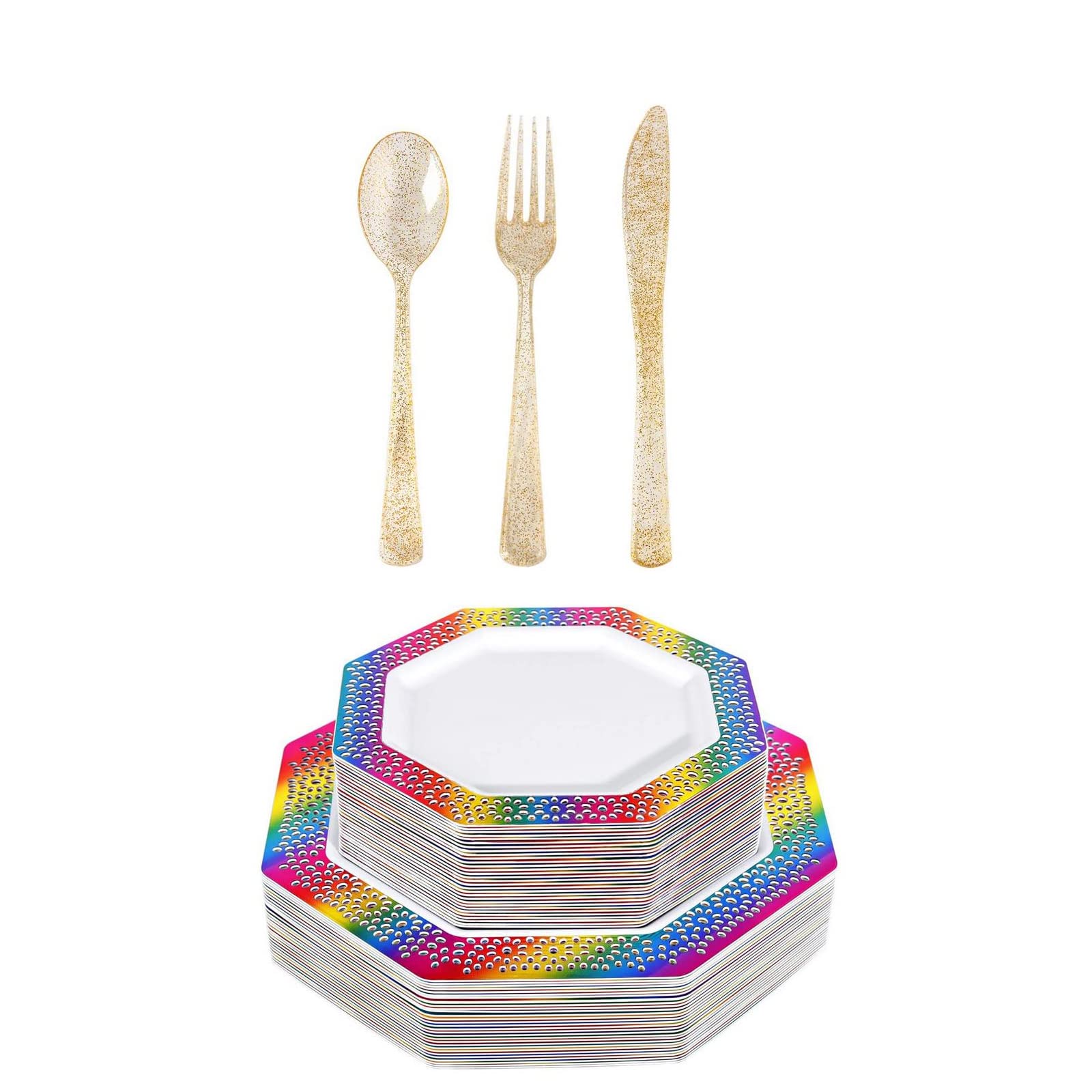 Premium 300-Piece Gold Plastic Cutlery Set with 60 Rainbow & Tie-Dye Disposable Plates - Elegant Disposable Silverware for Weddings, Birthdays, Baby Showers & Outdoor Events - Party Supplies for Elegant Celebrations & Catering