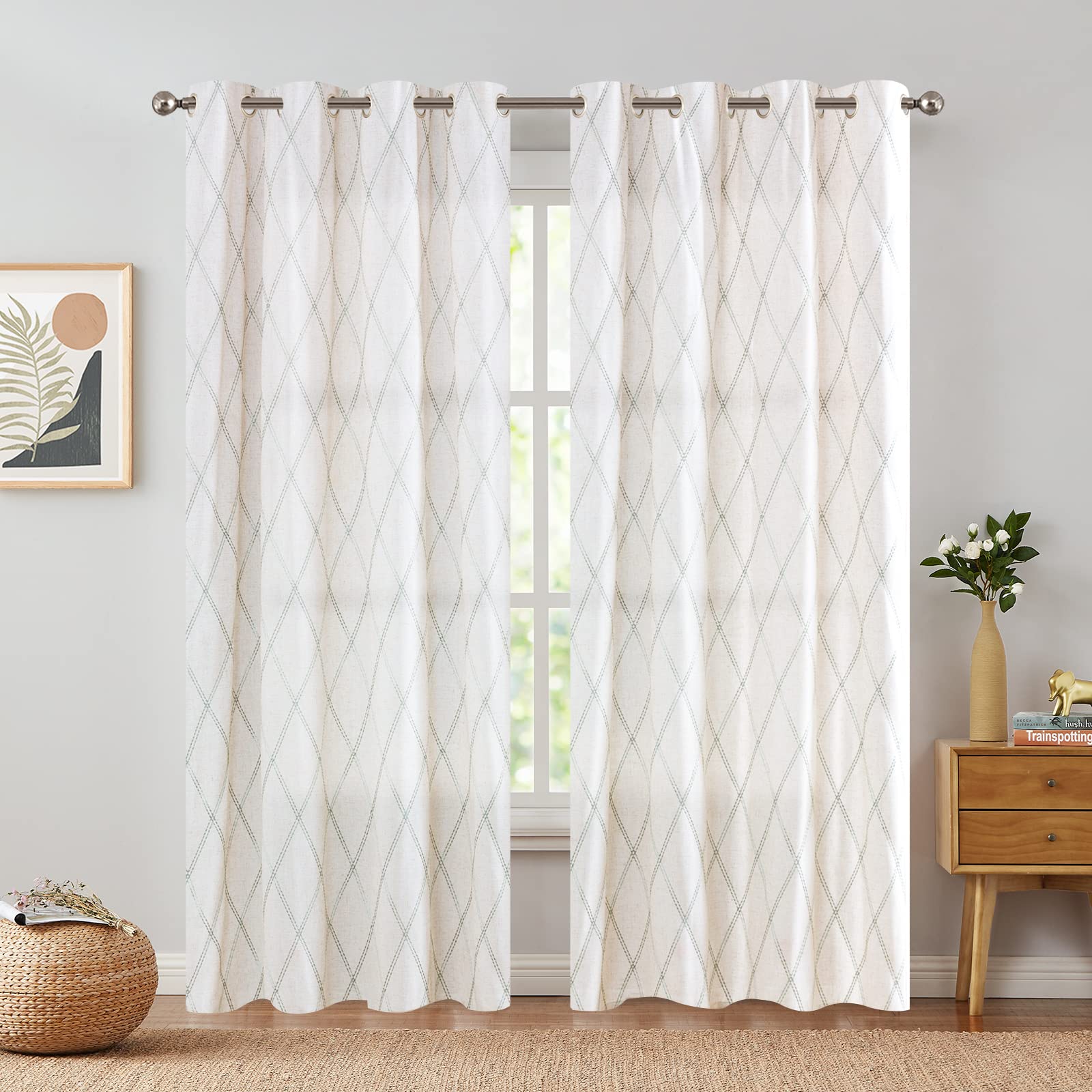Premium Linen Curtains for Living Room & Bedroom - Green Diamond Embroidered Geometric Pattern Window Drapes, Flax Grommet Blackout Curtains Set (95