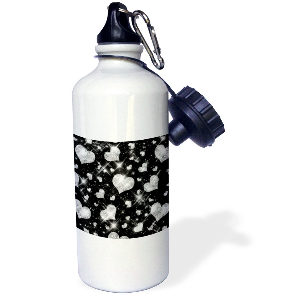 3D Rose Glitter Hearts Silver Sports Water Bottle - 21 oz Insulated Stainless Steel Thermos for Gym, Hiking & Outdoor Activities - BPA Free White Water Bottle with Leakproof Lid