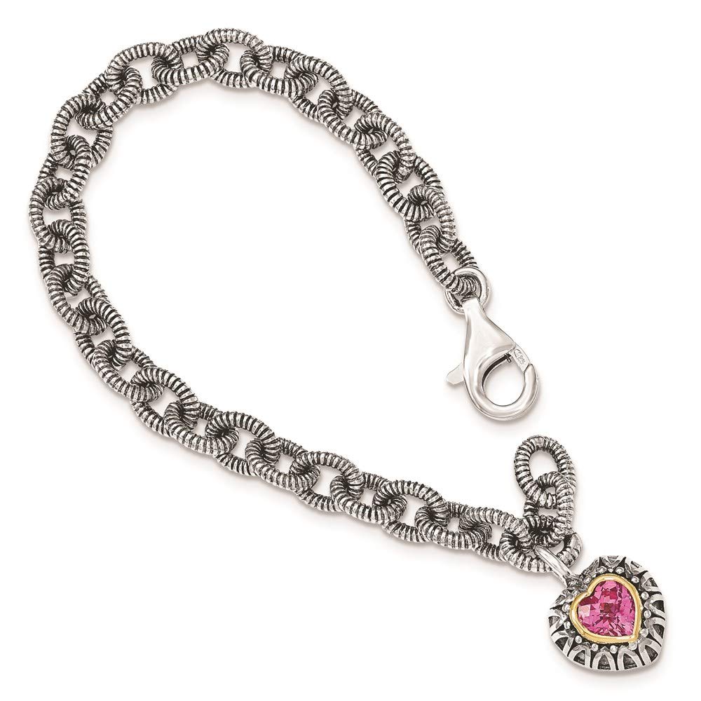 Sterling Silver & 14K Yellow Gold Pink Sapphire Heart Charm Pendant Bracelet for Women - 7.5 Inch Adjustable Romantic Jewelry Gift for Valentine's Day, Anniversary & Special Occasions