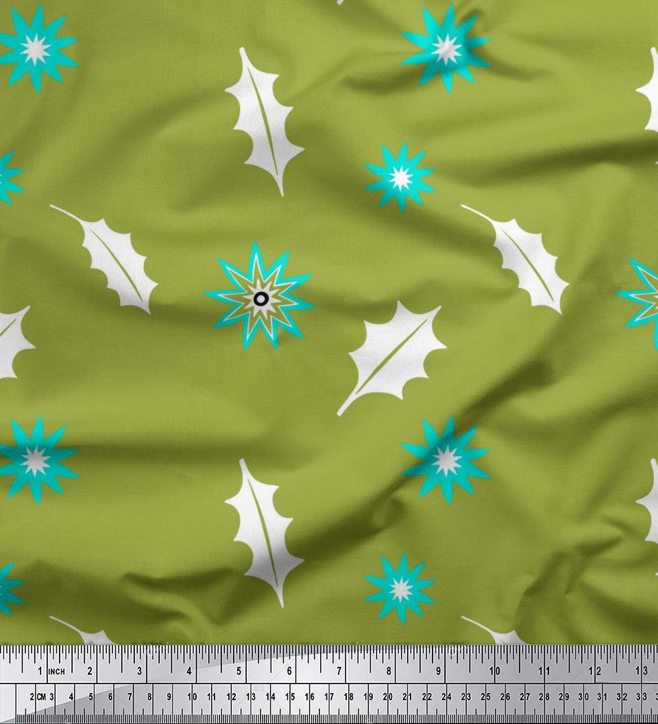 Soimoi Moss Green Georgette Fabric by The Yard - 42 Inch Wide - Star & Holly Leaves Printed Fabric for Christmas Decor, Holiday Crafts, and Seasonal Home Decorations - Perfect for Table Runners, Garments, and DIY Projects