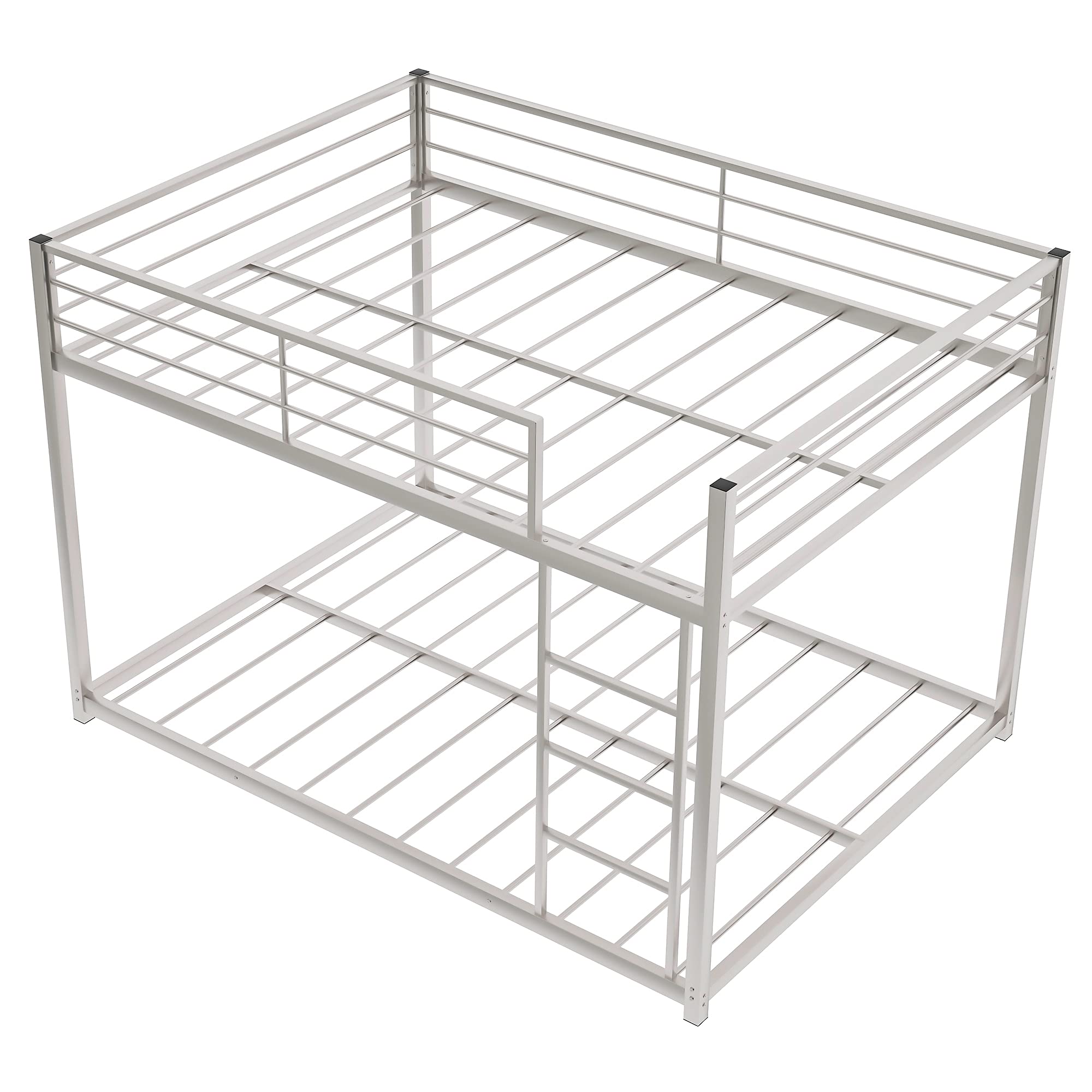 Full Over Full Metal Bunk Bed - Heavy Duty Low Profile Bunk Bed Frame with Safety Guard Rails & Flat Ladder for Kids, Teens, Adults (Silver) | Perfect for Small Bedrooms, Dorms, Guest Rooms & Vacation Homes