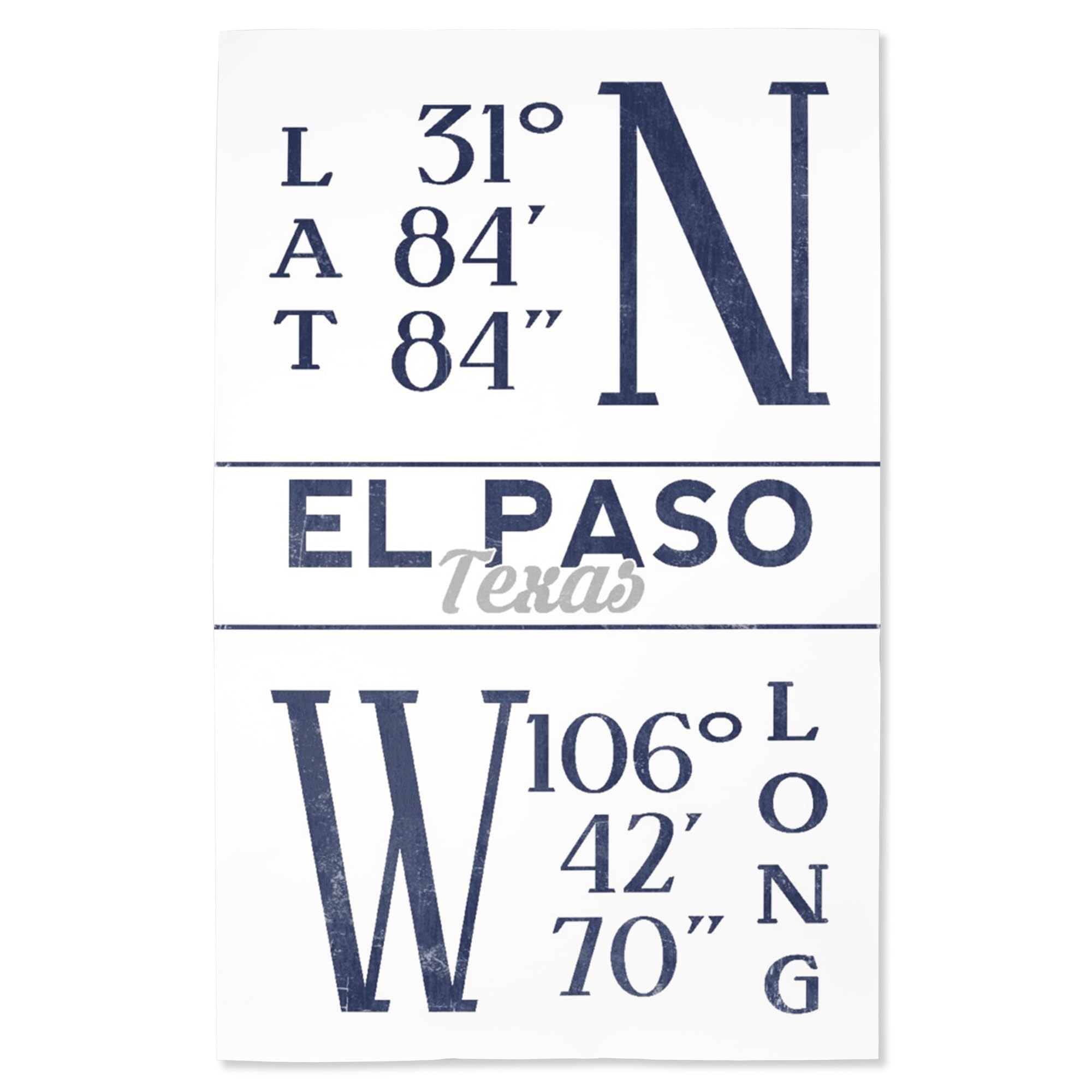 Lantern Press 16x24 Inch Giclee Art Print - El Paso Texas Map with Latitude & Longitude Coordinates in Blue | Wall Decor for Home, Office & Gift Giving