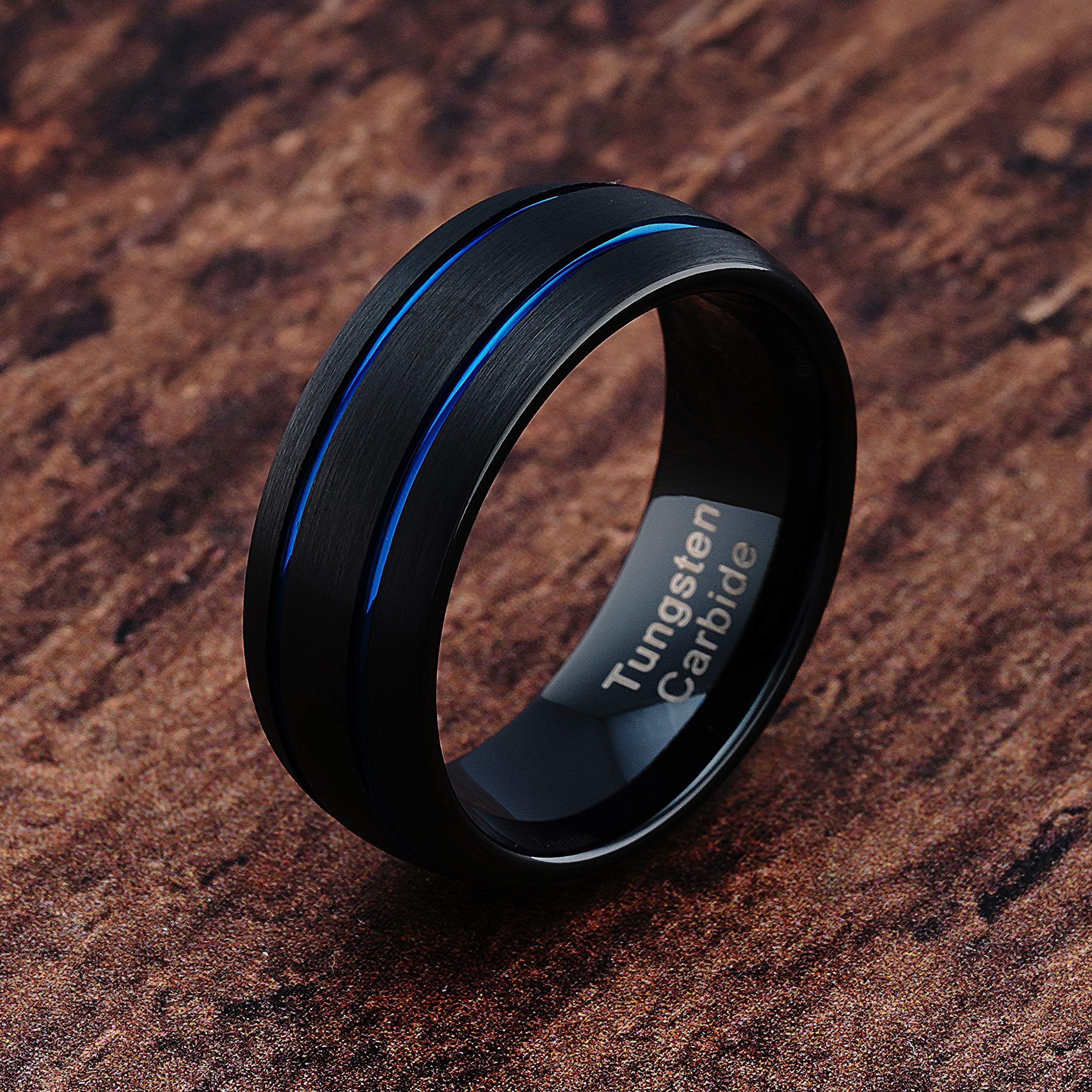 Custom Engraved Black Tungsten Wedding Band with Blue Thin Line - Men's Rings Size 6-16 - Perfect for Anniversaries, Engagements & Everyday Wear