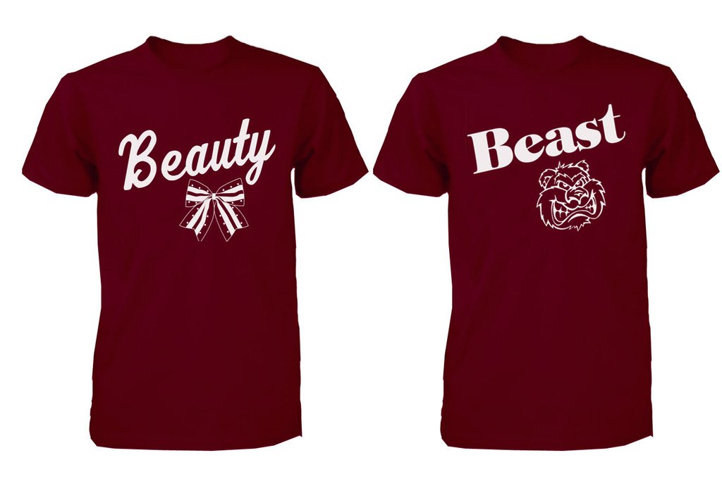 Fasciino Beauty and the Beast Matching Couple T-Shirts Set - Romantic Disney Couples Outfits for Date Night & Anniversary Gifts (Maroon)