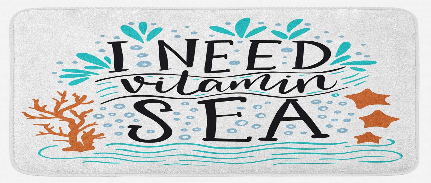 Ambesonne Non-Slip Plush Kitchen Mat - Hand Drawn Coral Waves, Starfish & Bubbles Design with 'I Need Vitamin Sea' Inspirational Quote, 47
