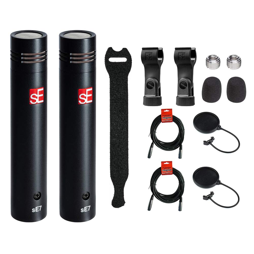 sE Electronics sE7 Small-Diaphragm Condenser Microphone - Matched Stereo Pair with 10 Touch Fastener Straps, 2 x 20ft XLR Cables & 2 Pop Filters - Perfect for Podcasting, Studio Recording & Live Performances