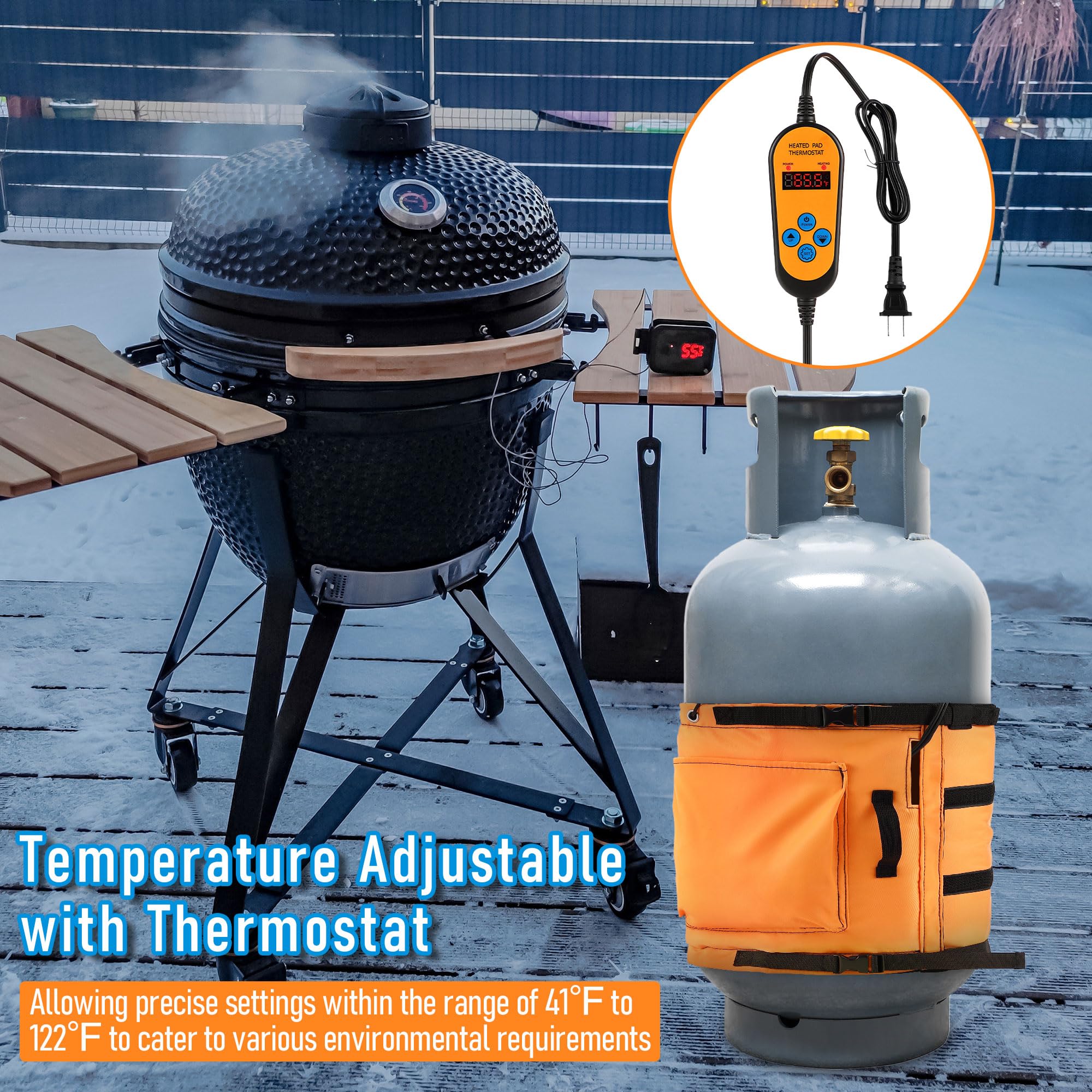 2 Pack Propane Tank Heater Blanket with Adjustable Thermostat (41-122°F) - Compatible with 5-40LB LP Gas Cylinders - Winter Heating Solution for Outdoor Camping, RV Trips & Patio Use - Orange Insulated Warmer Cover