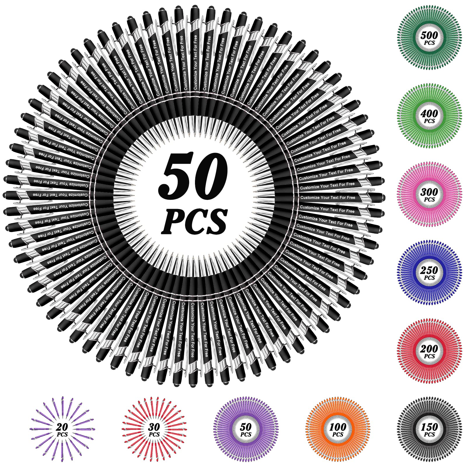 500 Pcs Custom Personalized Pens Bulk - Free Engraving, Stylus Tip Ballpoint Pens with Name/Text for School, Office, Business, Graduation & Anniversaries (50 Packs) - Perfect for Corporate Gifts, Promotional Events & Student Rewards