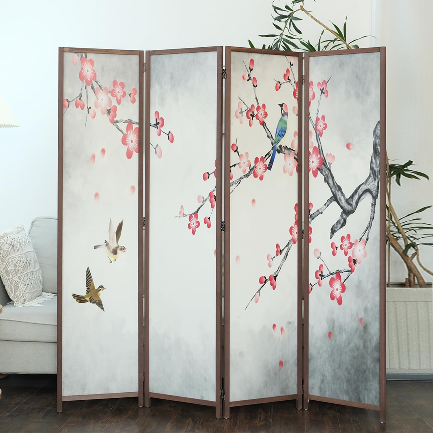 4 Panel Room Divider Screen - Double Sided Blackout Folding Partition for Home & Office - Magnolia Plum Floral Design (67