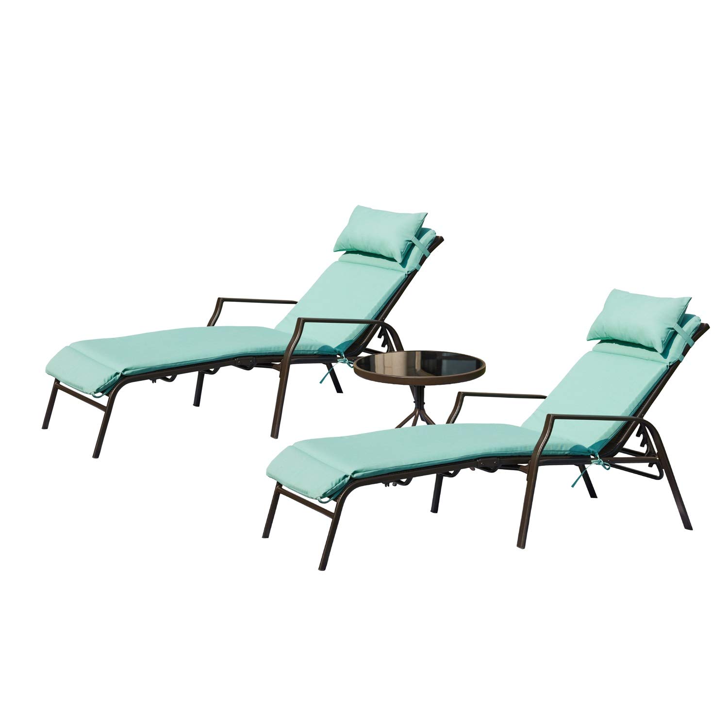 Premium Adjustable Outdoor Lounge Chair with Folding Table - Light Green Patio Chaise Lounge for Camping, Beach, Poolside & Backyard Relaxation | 3-Piece Portable Metal Recliner Set for Ultimate Comfort