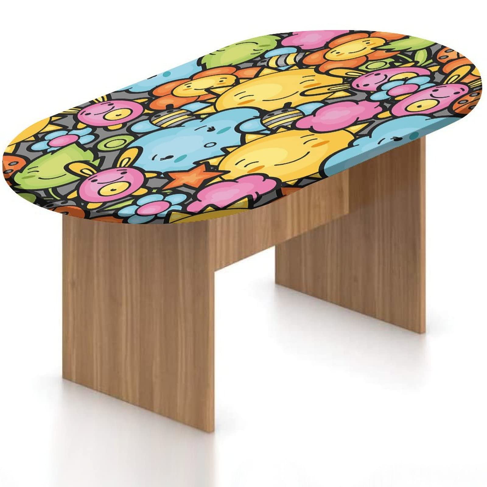 MIPSEC Waterproof Oval Fitted Patio Table Cover - Elasticized Polyester Tablecloth with Cute Cartoon Happy Sun Bunnies Print - Fits 36