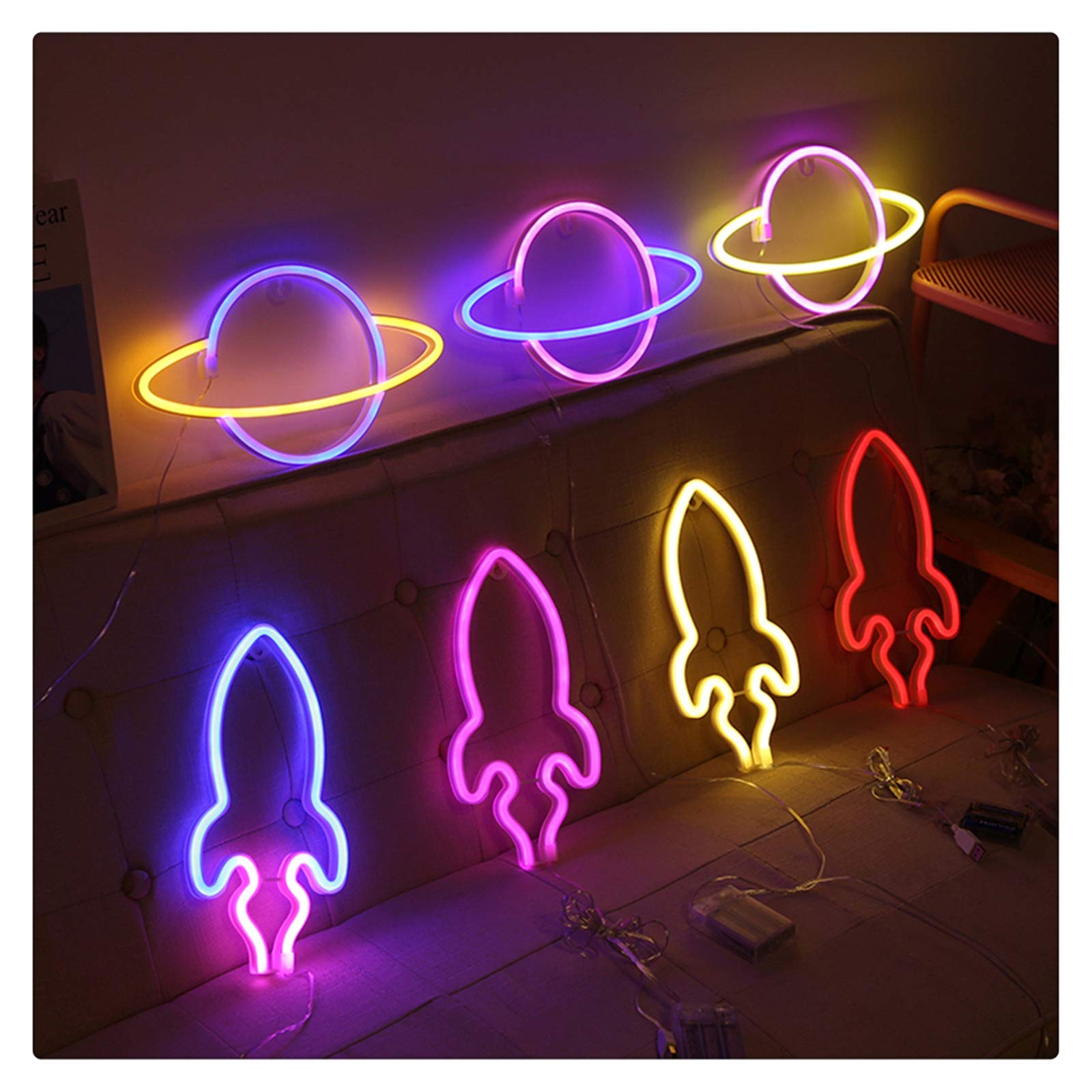 Creative Rocket & Planet Shape LED Neon Light Sign - USB Powered Room Decor for Home, Party, Wedding & Christmas - Night Lamp & Wall Art for Bedroom, Bar, Cafe, Office