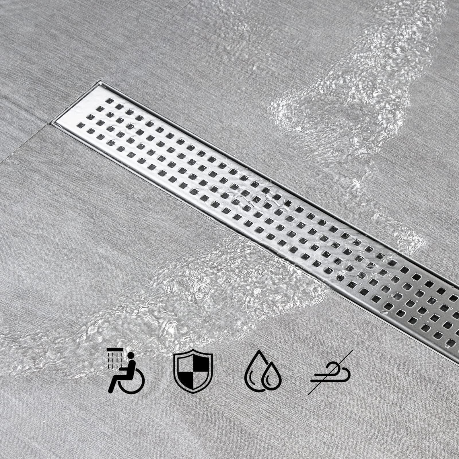 SaniteModar 60-Inch Linear Shower Drain - AISI 304 Brushed Stainless Steel with Removable Square Hole Panel, Adjustable Feet & Hair Catcher - Perfect for Modern Bathroom Renovations and Walk-In Showers