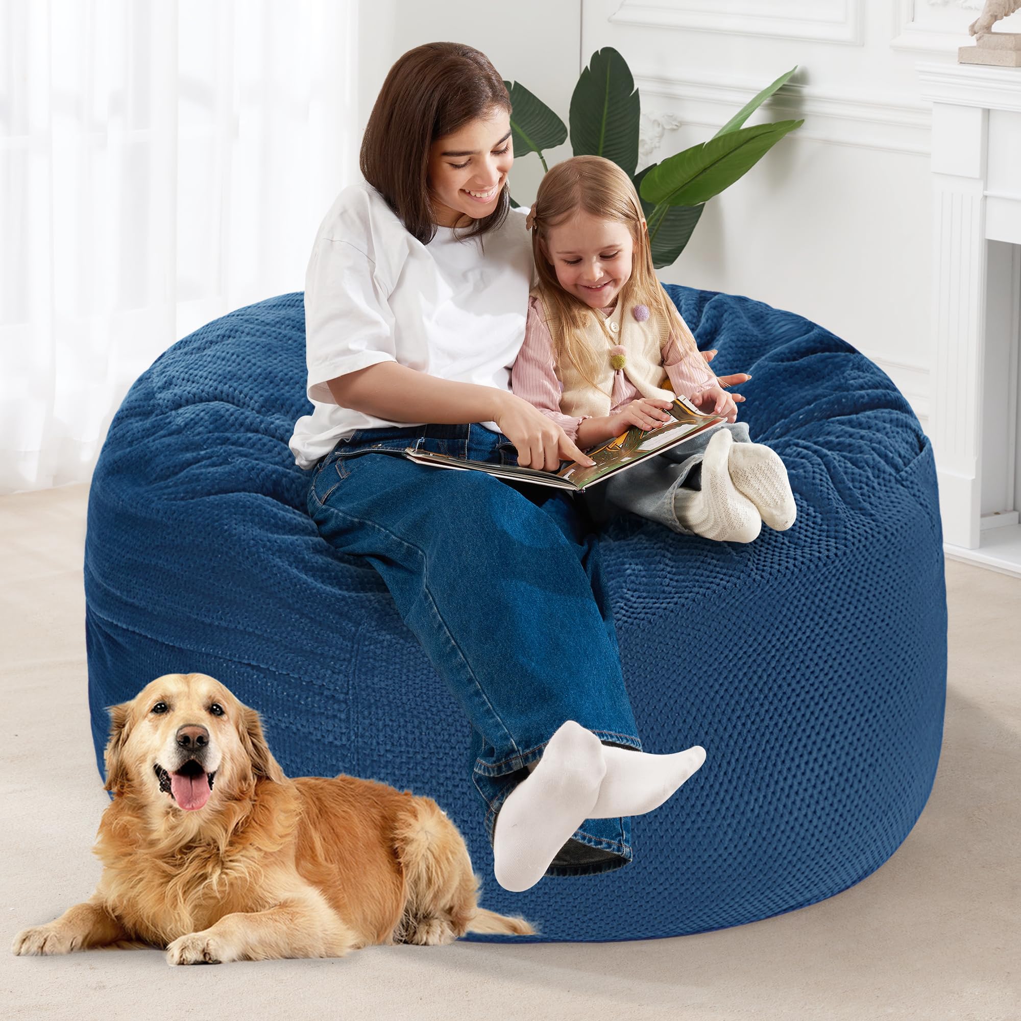 Homguava Chenille Bean Bag Chair - Convertible from Bean Bag to Mattress, Soft & Comfortable for Home, Living Room, Bedroom (Blue, Queen Size) | Perfect for Relaxing, Gaming, Reading & Small Space Living