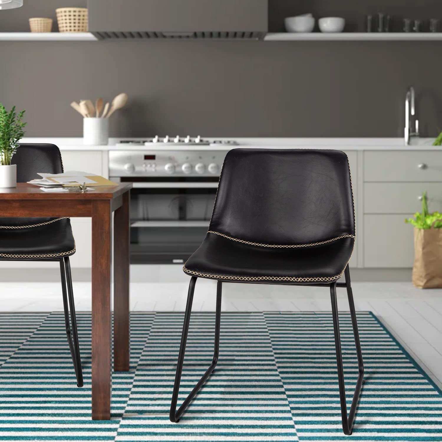 HeuGah 4-Piece Modern Industrial Dining Chair Set - Faux Leather Upholstered Kitchen & Dining Room Chairs with Sturdy Metal Legs - Perfect for Small Spaces, Breakfast Nooks & Contemporary Home Decor