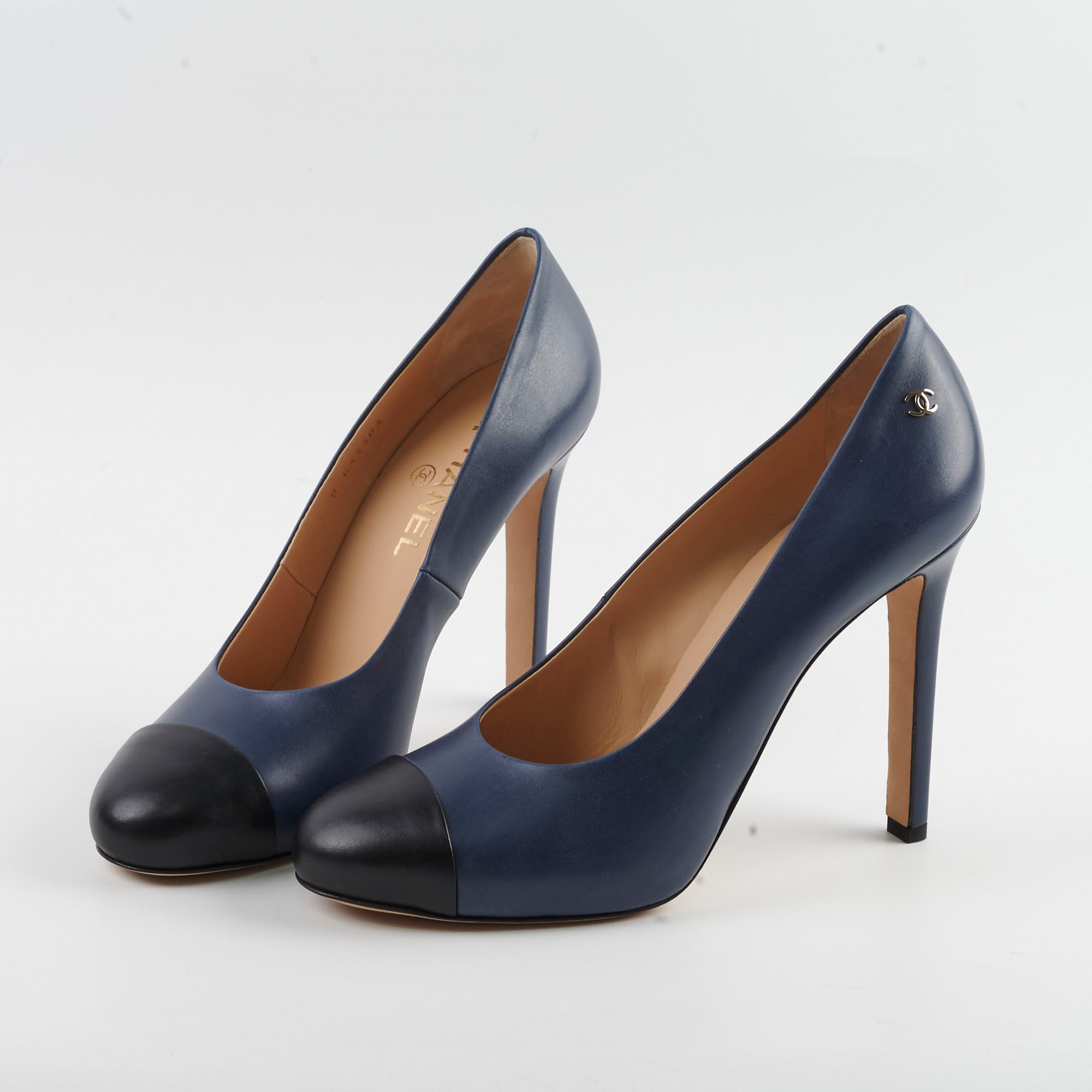 Chanel Navy Blue Cap Toe Leather Pumps Women's Size 40C - Elegant Heels for Office, Parties & Special Occasions