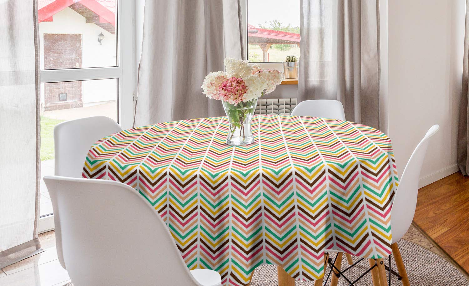 Ambesonne Retro Pastel Chevron Striped Round Tablecloth - 60 Inch Multicolor Geometric Table Cover for Dining Room & Kitchen Decor | Perfect for Parties, Holidays & Everyday Use