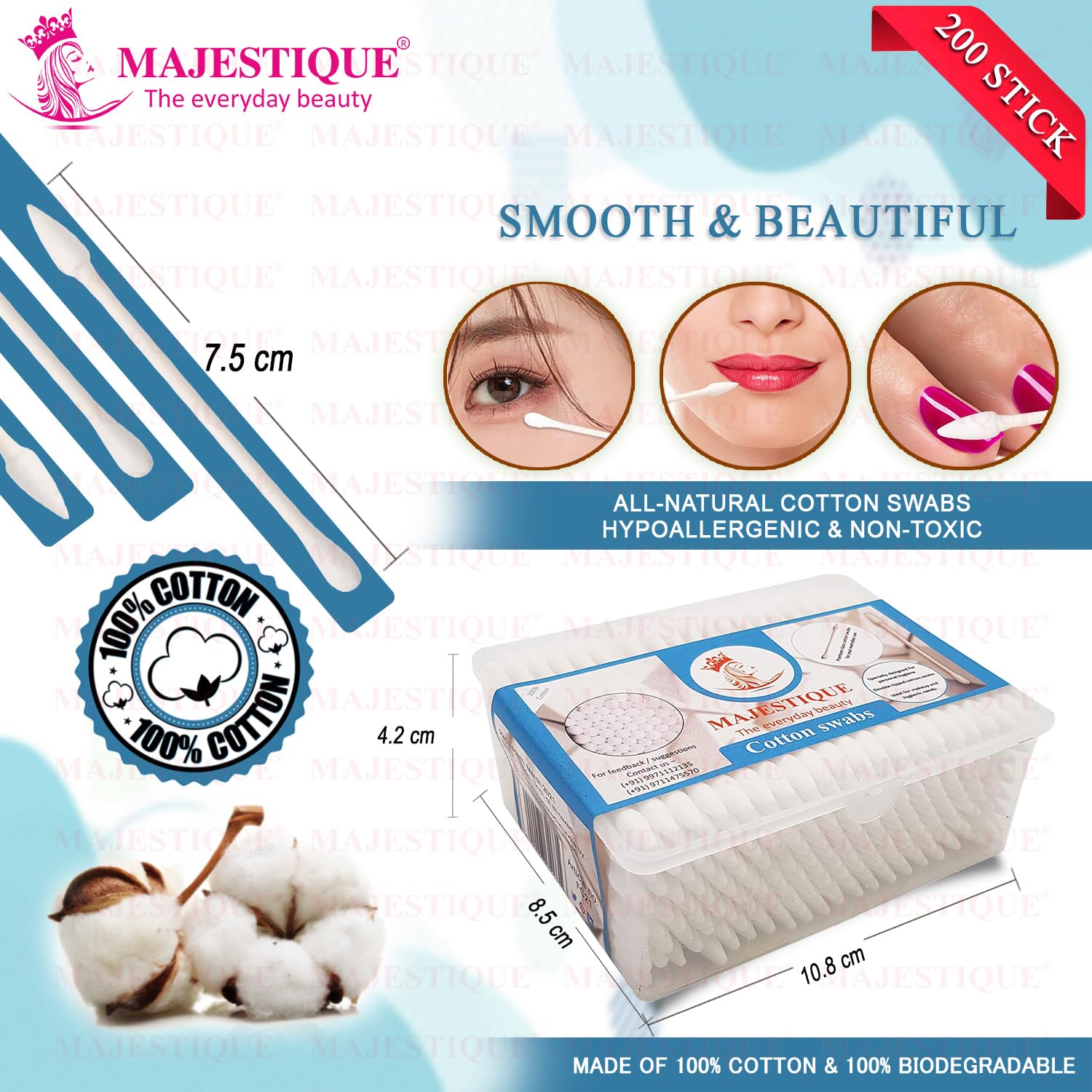 Majestique Cotton Swabs 200 Count - Soft & Gentle Paper Sticks for Ear Cleaning, Makeup Application, Nail Polish Removal - Ideal for Beauty, First Aid & Household Use - White (Pack of 1)