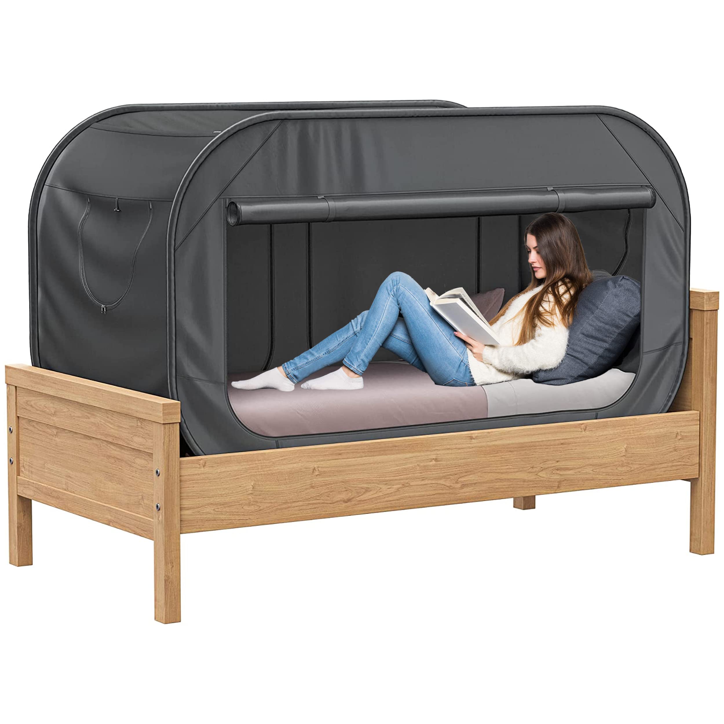 Skywin Twin Bed Tent - Pop Up Privacy Tent for Twin Bed, Collapsible & Breathable, Light Reducing Pongee Canopy for Warm Cozy Nights, Black - Perfect for Camping, Dorm Rooms & Personal Privacy (1 Person)