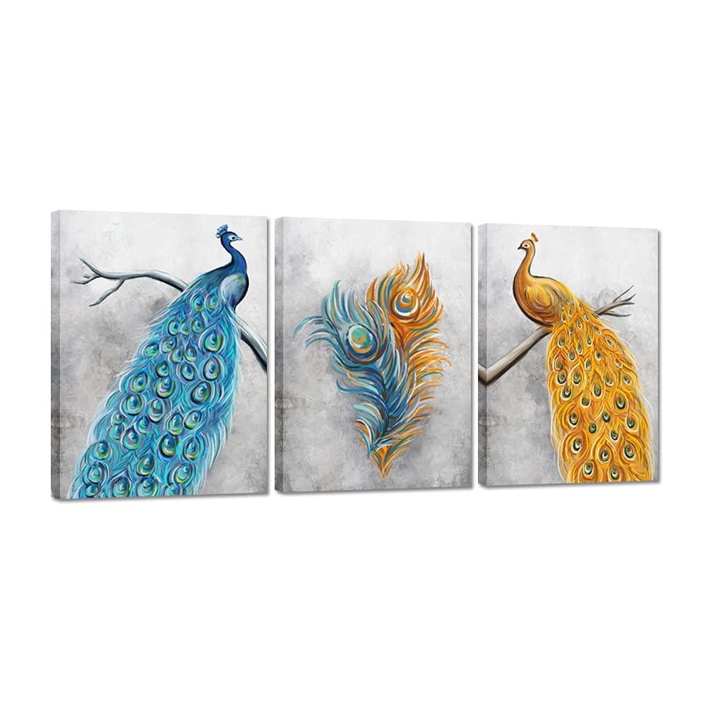 Peacock Blue and Gold Canvas Wall Art - Abstract Peacock Feather Painting for Kitchen, Bedroom & Living Room Decor | Modern Animal Print Aesthetic Home Décor