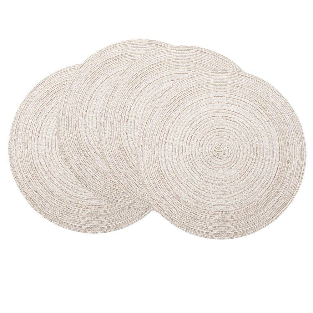 Premium Round Braided Placemats Set of 4 - 15 Inch Elegant Table Mats for Kitchen, Dining, Home Decor - Perfect for Wedding, Party, Holiday & Everyday Use - White Cotton Placemats for Stylish Table Setting