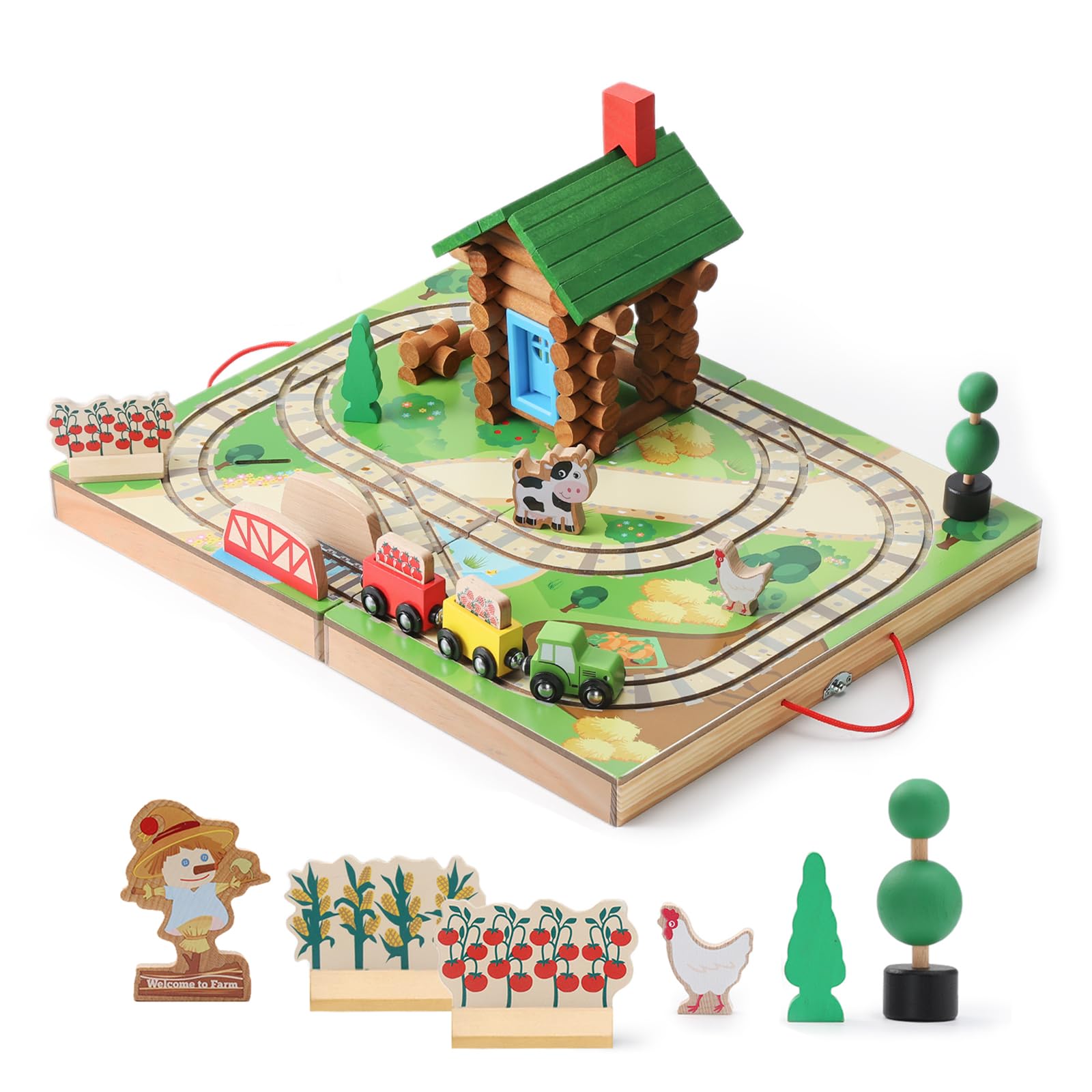 SainSmart Jr. Train Set for Toddlers - 78 PCS Portable Farm & Log Cabin Building Blocks, Take-Along Tabletop Railroad Toy for Kids Ages 3+ | Perfect for Pretend Play, Early Learning & Travel Entertainment