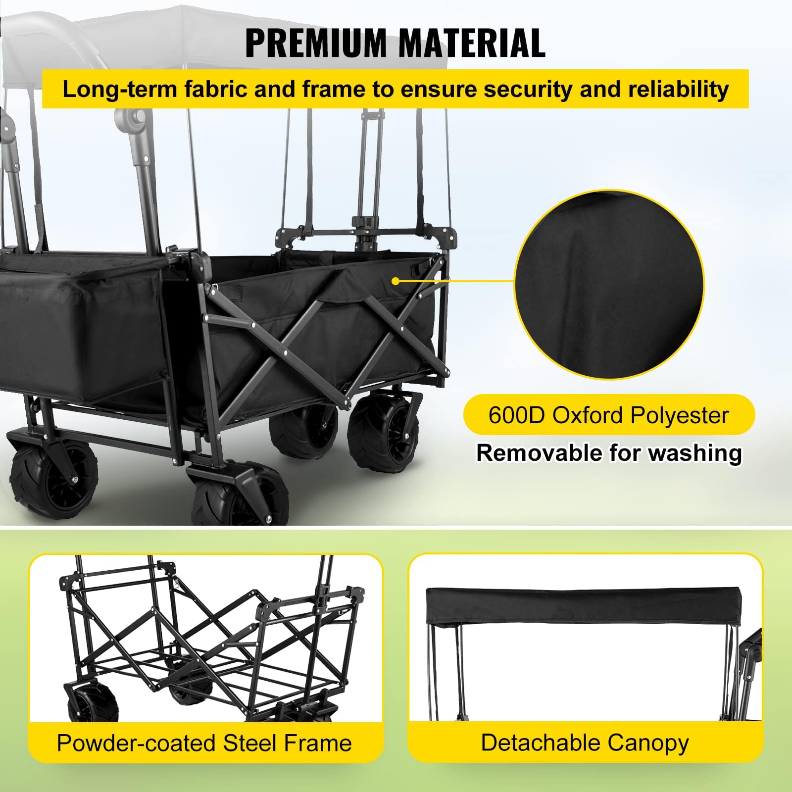 VEVOR Heavy Duty Collapsible Wagon with Removable Canopy - 220lbs Capacity Foldable Utility Cart with Large All-Terrain Wheels & Adjustable Push/Pull Handles - Perfect for Beach Trips, Camping, Grocery Shopping & Outdoor Adventures