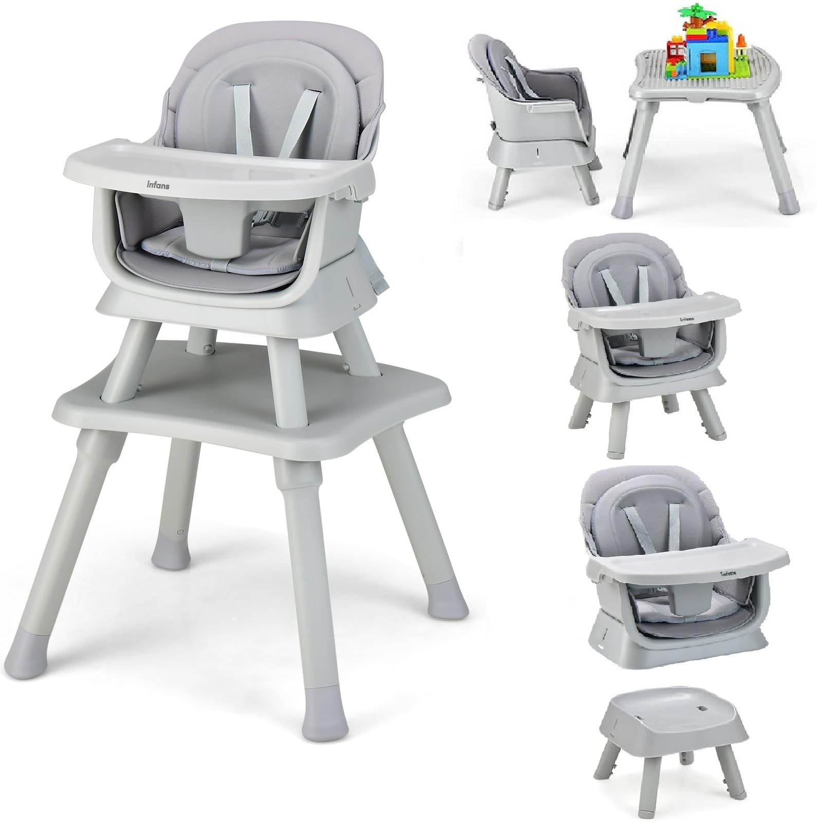 INFANS 8-in-1 Convertible Baby High Chair & Toddler Booster Seat with Removable Tray - Multifunctional Dining, Play & Learning Table for Infants - Perfect for Mealtime, Playtime & Building Blocks Activities