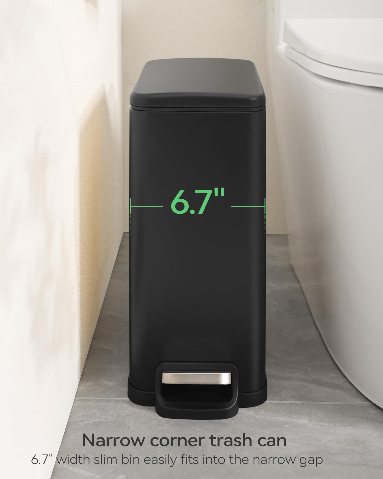 2.6 Gallon Stainless Steel Small Bathroom Trash Can with Lid & 15 Garbage Bags - Soft Close Design for Bathroom, Kitchen, Home Office - Perfect for Compact Spaces & Odor Control (Black)